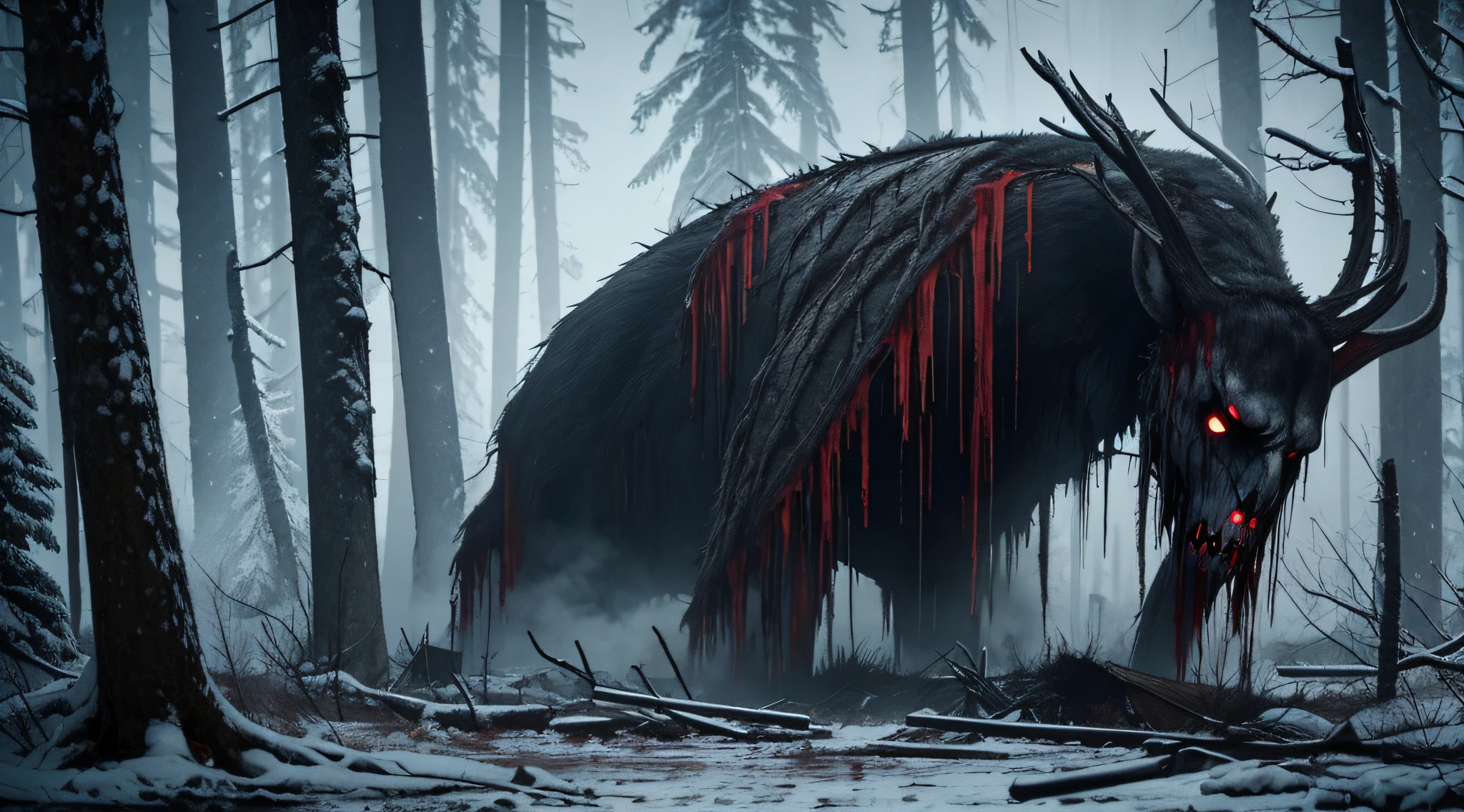 Show a gruesome aftermath of a Wendigo attack, leaving no trace.