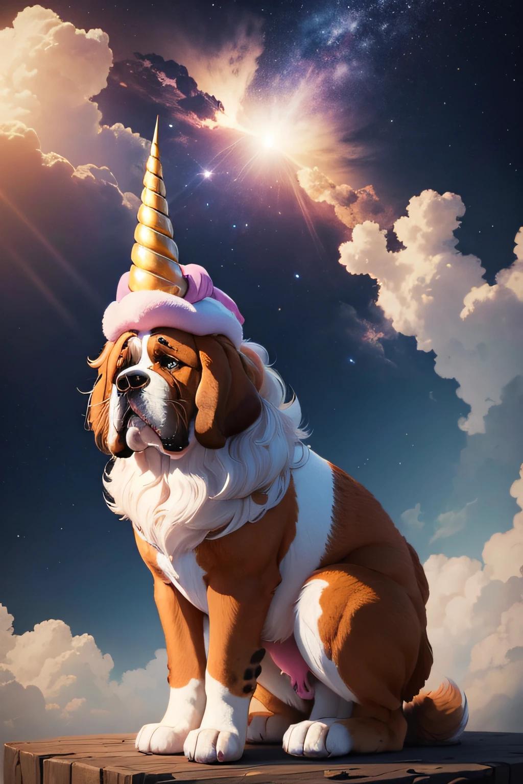A cartoon image of a saint bernard dog wearing a unicorn hat