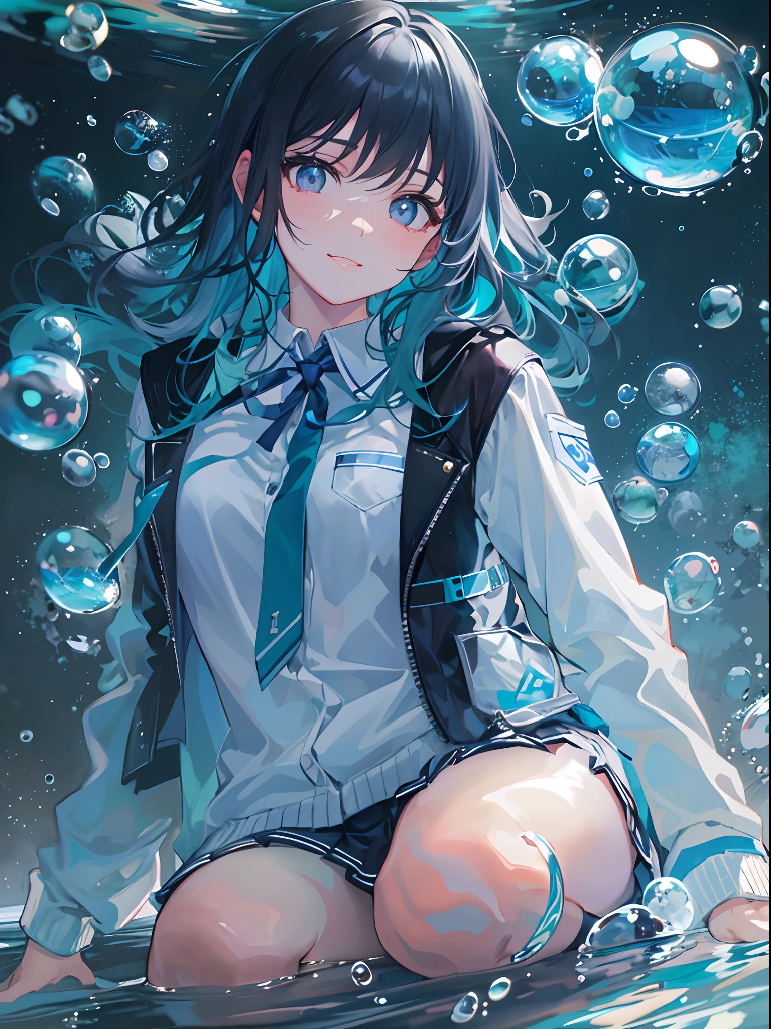 ((top-quality)), ((​masterpiece)), ((ultra-detailliert)), (extremely delicate and beautiful), girl with, 独奏, cold attitude,((Black jacket)),She is very(relax)with  the(Settled down)Looks,A dark-haired, depth of fields,evil smile,Bubble, under the water, Air bubble,bright light blue eyes,Inner color with black hair and light blue tips,Cold background,Bob Hair - Linear Art, a miniskirt、knee high socks、White uniform like school uniform、Light blue ribbon ties、Clothes are sheer、Hands in pockets、Ponytail hair, Bright eyes like sapphires, flourescent blue,