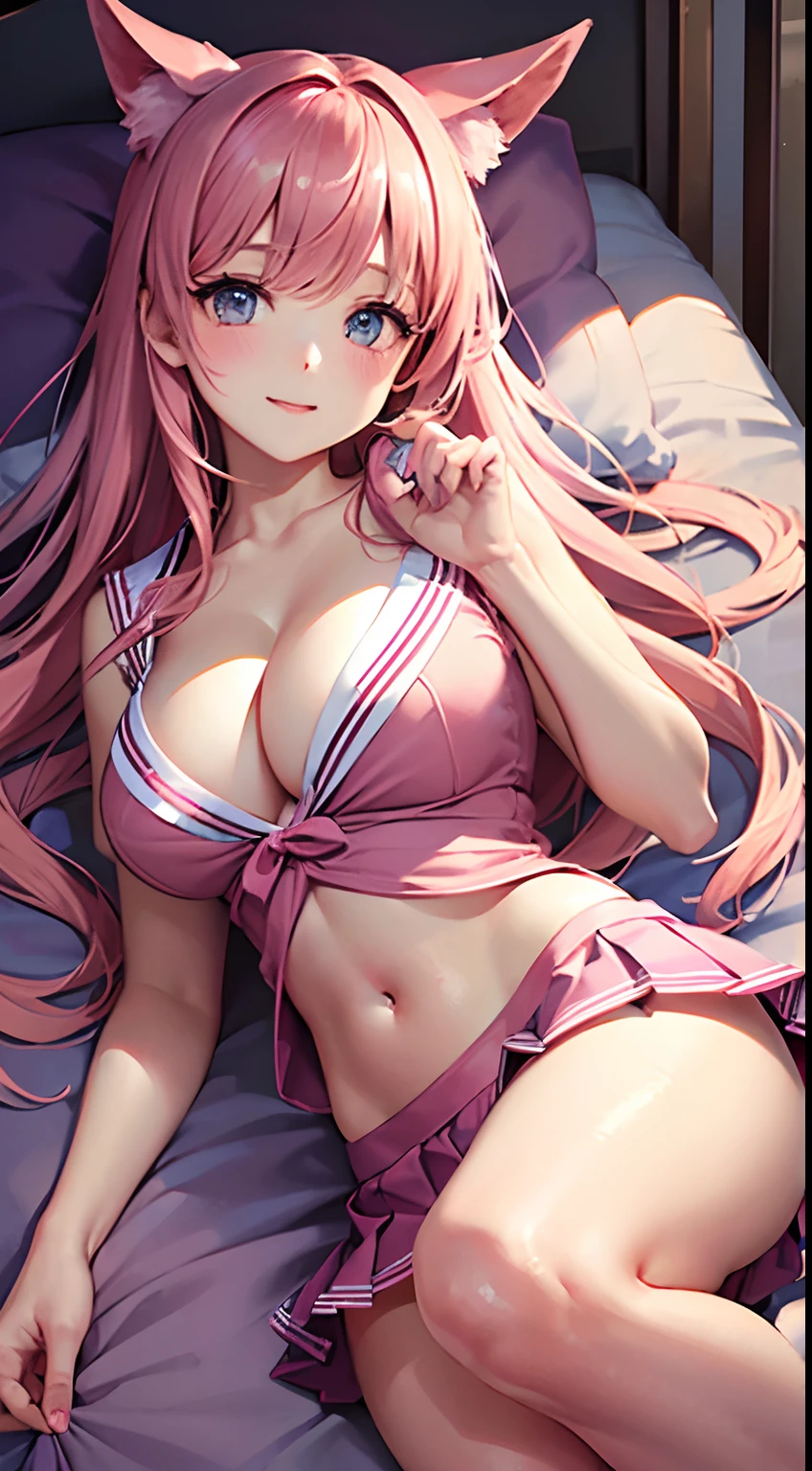 Beautiful illustration、top-quality、 s、lying on her side,cleavage,Bedroom、A pink-haired、long whitr hair、(((Pink pleated skirt)))、(((Pink sailor suit)))、short- sleeved、huge tit、a navel、Bare legged、eBlue eyes、on top of the bed、Lovely thighs、glowing thigh