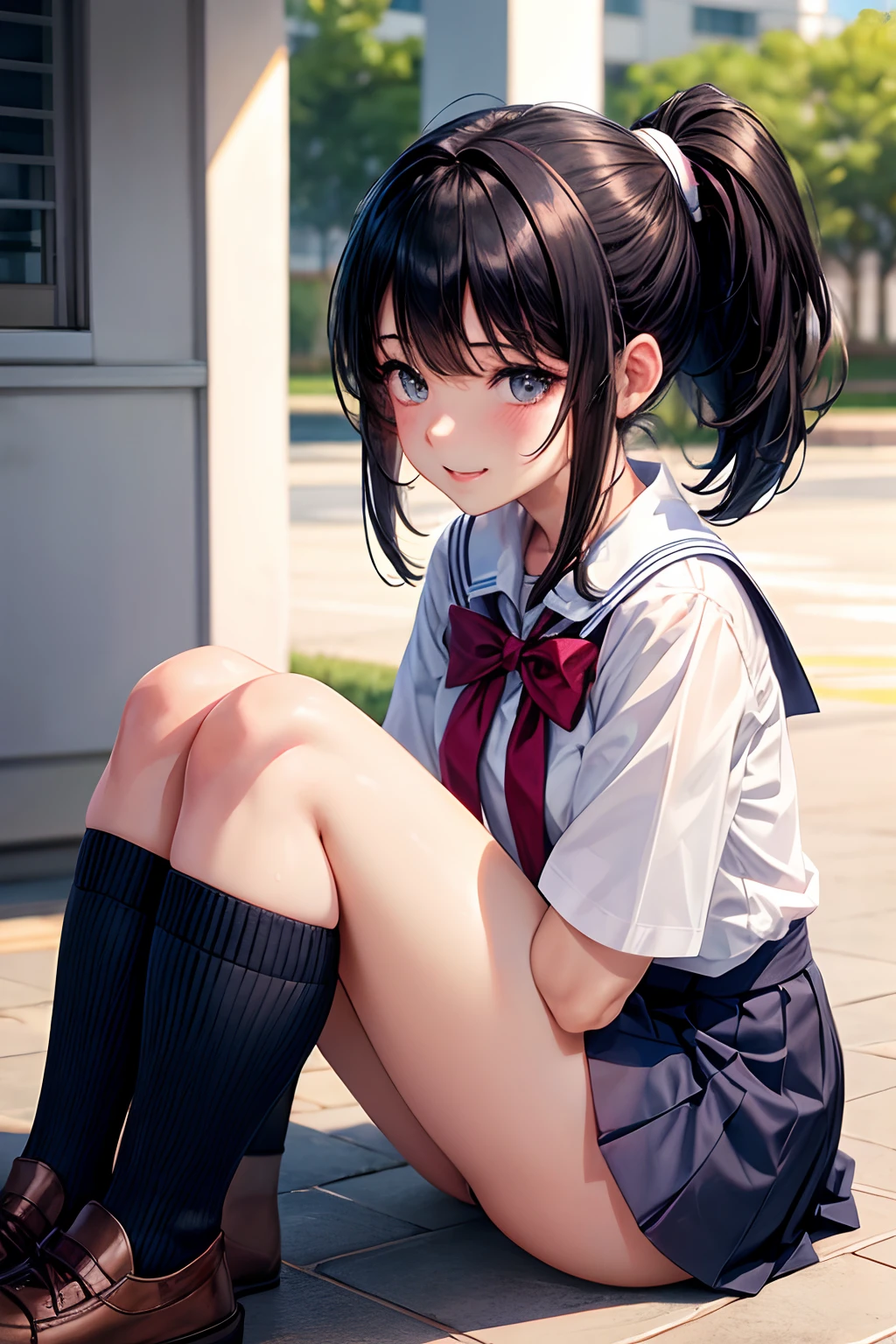 A lot of skin exposure, High school students, in school uniform, hair behind ear, lightsmile, oral invitation, Black hair, Ponytail, In summer uniform, crossedlegs, Twin-tailed, expressive hair, bob cuts, Lonely nape hair, wariza, Knee Stow Chest, onback, fetal position, Anime, Anime style, drop shadow, 4K, Best Quality, awardwinning, Super Detail, Textured skin
