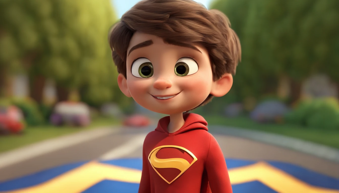 a happy cute ??? standing short hair, olhando para mim,wearing a superhero costume, , fundo branco, barnet, tom, Estilo Pixar, ..3d, desenhos animados, rosto detalhado, asymmetrical 16k