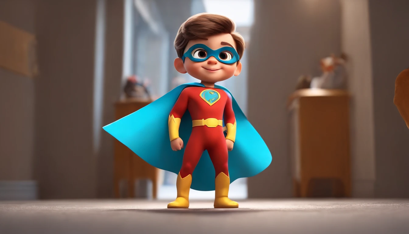 a happy cute  standing short hair, olhando para mim,wearing a superhero costume, , fundo branco, barnet, tom, Estilo Pixar, ..3d, desenhos animados, rosto detalhado, asymmetrical 16k