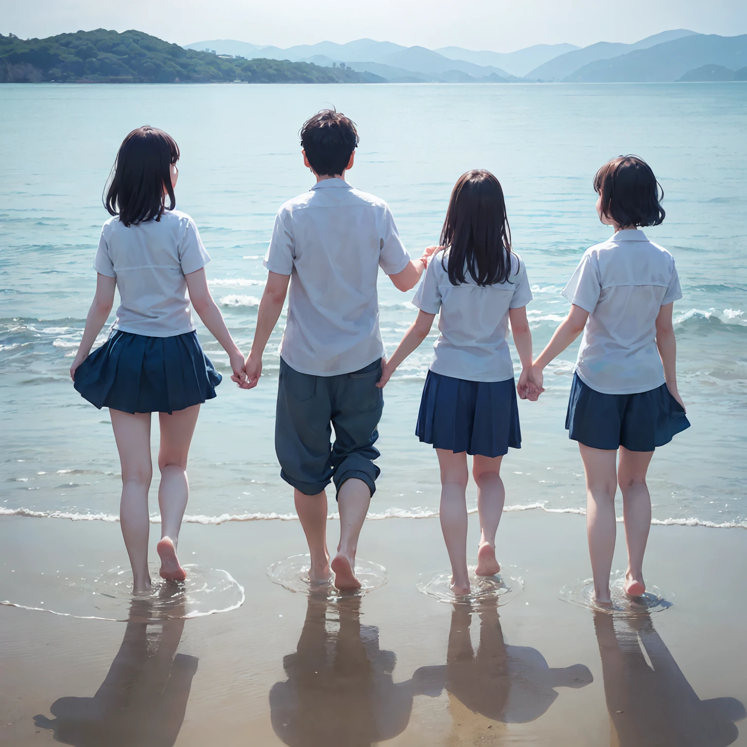 4 people in total,40 year old couple、-yeld so year old ,Play in the water by the sea,On the other side of the sea there is an island