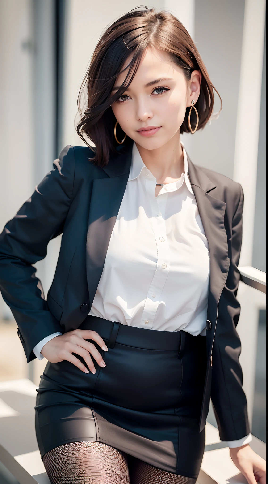 (Surrealism, RAW photo, Nikon, 8k, super detail, masterpiece, intricate details, realistic lighting), 
(anatomically correct, very accurate human body, highly detailed face, realistic skin, realistic), 
(16 years old, Japanese girl, slim waist and busty body, Slender long legs, large breast, baby face, affectionate cute, surreal woman), 
(round face, black hair, short bob cut, bangs, Down-slating eyebrows, Moist eyes, one little earring, light blush), 
((random elegant pose)), 
(look at camera, stare at viewer:1.3), 
((offce worker, business suit, business bags)), 
(tokyo, Main street, many office workers coming to work on background), 
Natural lighting, full length, whole body, 