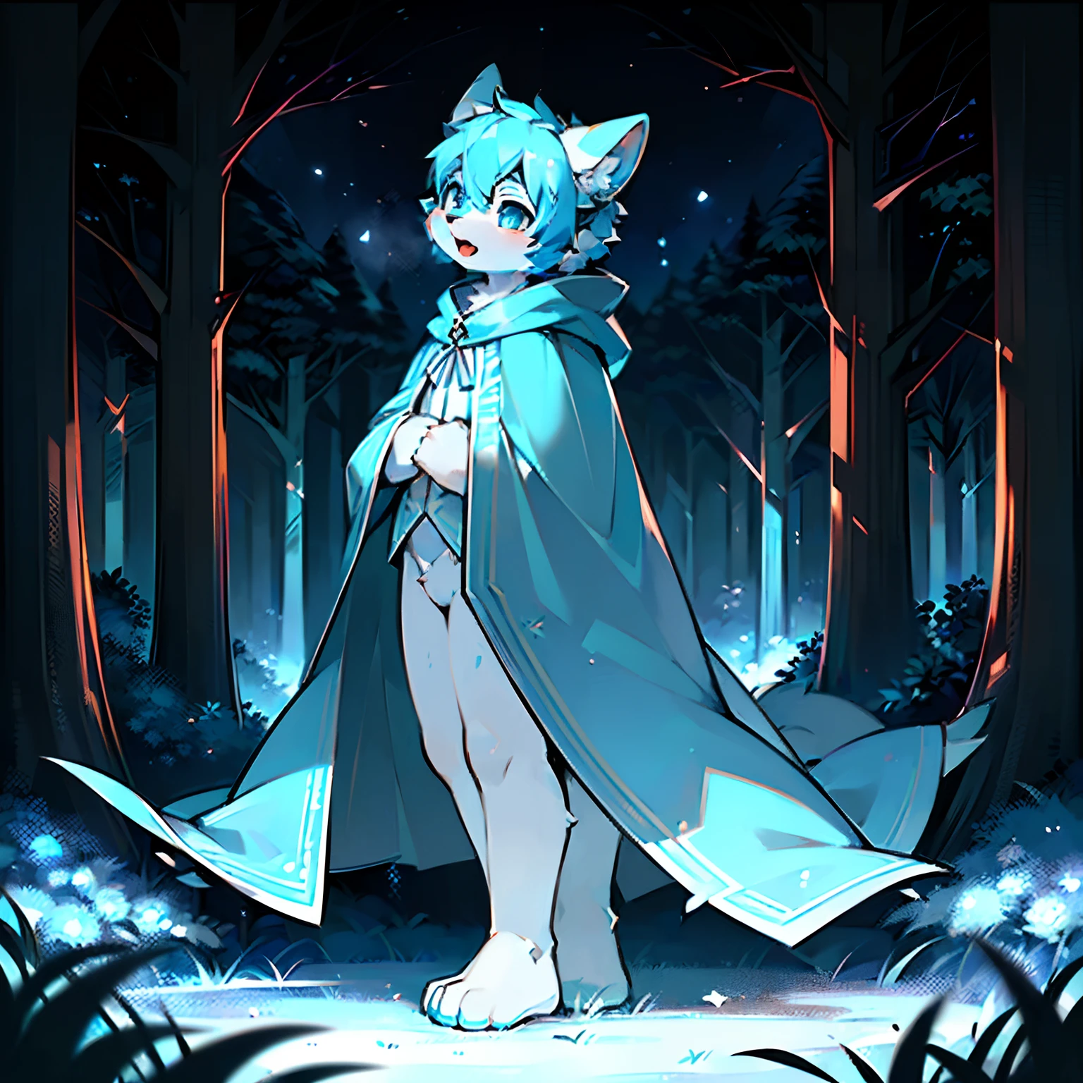 Anthropomorphic standing furry little wolf，adolable, Light：Extreme light and shadow,(anthr(Full Body Furry,Head bust close-up， Pale blue hair,Large pale blue ears，Big blue eyes，The mouth is slightly larger，White fur，Reddish skin ，Sky blue eyes, Pale blue hair:1.2), (long canines、Thick blue cloak，White fur trims：1.2），（the night、lawns)) ，((Deep in the dark forest at night，glowworm，独奏，solo person))，((the detail))，（depth of fields)，（Sell moe），(standing on your feet))