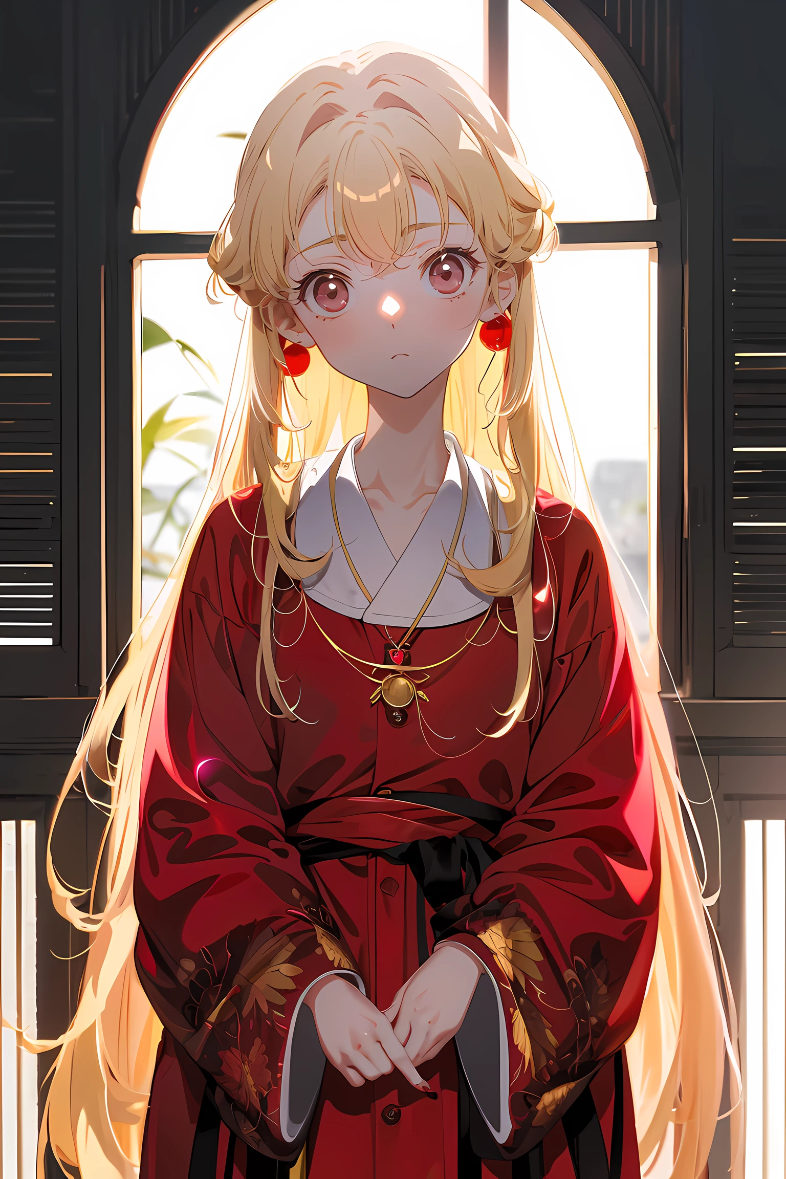 Drawing on Aya Nakamura in anime style is a 5-year-old child, Amazing and exotic kids. She has long blonde hair，Gentle waves fall to the waist, It stands out under her pale skin. His eyes are a rich red, Like a bright ruby, And with mysterious eyes.