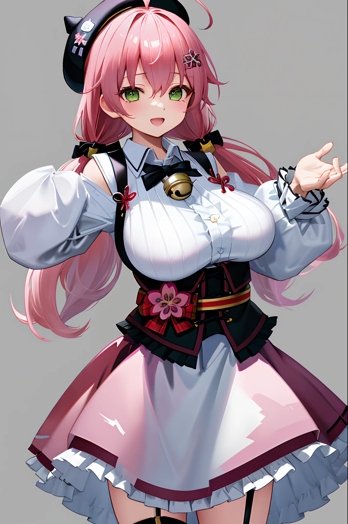 masutepiece, Best_Quality, hight_resolution, miko2,Ponytail, 1girl, Green eyes, Ahoge, black headwear, Hair Ornament, White shirt, black thighhighs, Pink hair, Red_skirt, very_short_skirt, plaid skirts, garter_strap, Collared shirt, hair clips, frilld, Bangs, hair between eye, frills skirt, beret, Pleated skirt, Hair Flower, Neck bell, , puffy long sleeves, Black bow, Underbust, Cowboy Shot,Smile, (gigantic_breasts:1.3),covered_nipples, covered_pussy,close_eyes, happy, childlike_posing,spread_legs,smile,plump