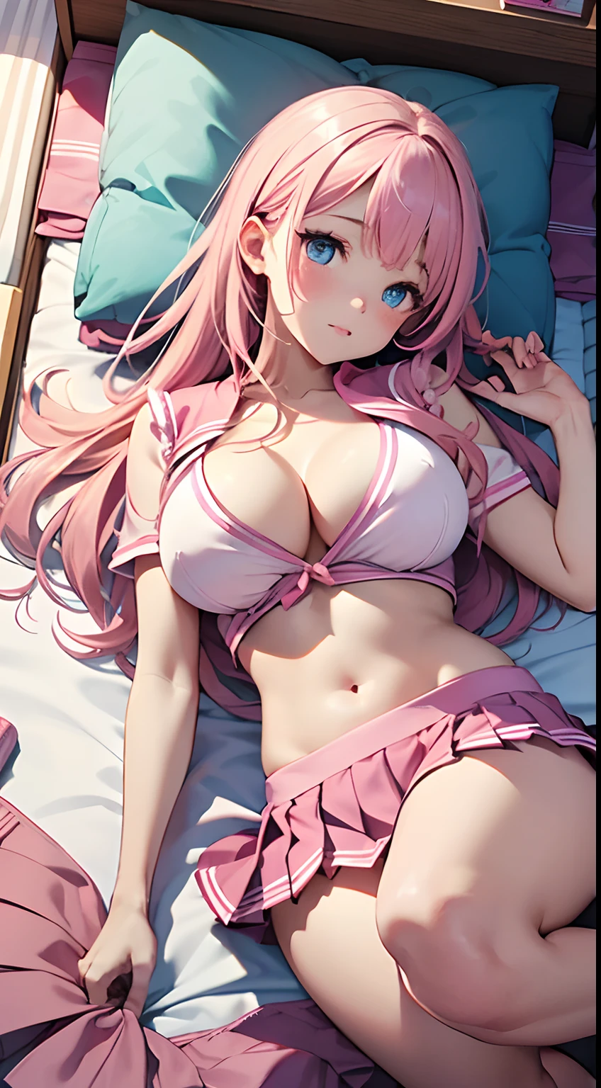 Beautiful illustration、top-quality、 s、lying on her side,cleavage,Bedroom、A pink-haired、long whitr hair、(((Pink pleated skirt)))、(((Pink sailor suit)))、short- sleeved、huge tit、a navel、Bare legged、eBlue eyes、on top of the bed、Lovely thighs、glowing thigh