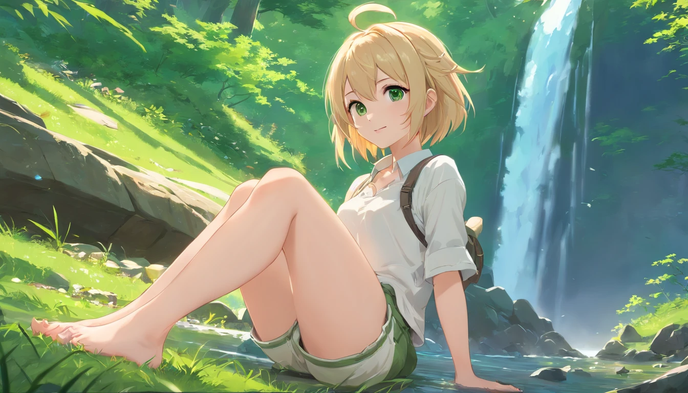 1 girl, short blonde hair, blue eyes, woods, absurdres, high res, ultrasharp, 8K, masterpiece, looking at viewer, no clothes, no underwear, no pubic hair, sitting, spread legs, uncensored, nsfw