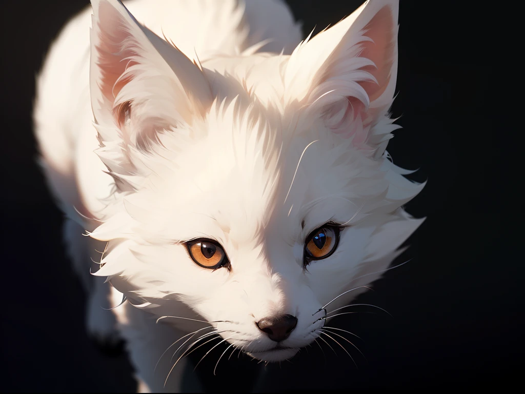 (best quality,ultra-detailed),((anime style)),(vivid colors:1.1),(bokeh:1.1),artistic,carefully drawn,soft texture,striking contrast,elegant posture,delicate features,adorable expression,charming gaze,playful demeanor,endearing,mesmerizing,subtle shadowing,subdued lighting,attention to detail,highly defined whiskers,sleek and smooth fur,pure color palette,glossy finish,simple composition,sublime simplicity,depth and dimension,exquisite beauty,emotive and captivating,A cute small white fox in the black background,(red eyes,small,white fur,full body),angry
