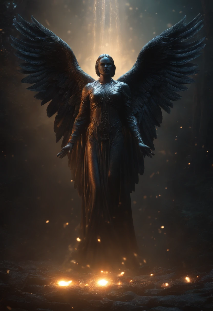 (best quality,4k,8k,highres,masterpiece:1.2),ultra-detailed,(realistic,photorealistic,photo-realistic:1.37),Cosmic Fallen Angel,glowing light eyes,Biomechanical,eerie,Creepy,nightmarish,Very bright colors,Light particles,with light glowing,Mshiff,wallpaper art,UHD wallpaper