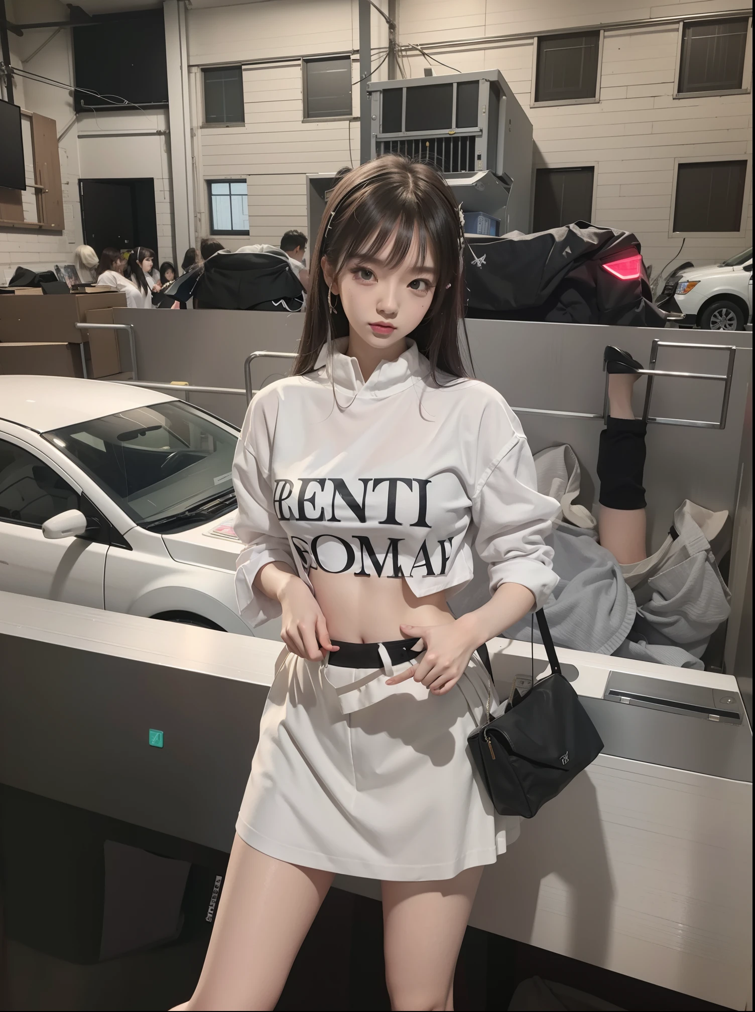 White-skinned woman in skirt, A plump chest, Surrealism female students, extreme low angle long shot, wearing a tanktop and skirt, Short skirt, Realistic schoolgirl, trending on cgstation, Wearing a crop top and miniskirt there is a woman in a short skirt and a white shirt posing, Anime girl cosplay, maple story gun girl, trending at cgstation, Anime cosplay, Ayaka cosplay, White Cat Girl, roseanne park of blackpink, gogo dancer, rpgmaker, Junko Enoshima, smooth white tight clothes suit, jia, publicity cosplay, cosplay, lalisa manoban of blackpink