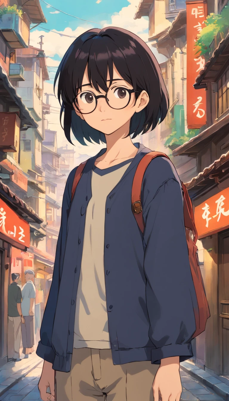16 yaers old，Libido boy，Shota，Black color hair，Square glasses，gloomily，Contemplative，black black jacket，White color blouse，Short long hair，with long bangs，messed up hair，Without background，sketching，urban backdrop，modern day