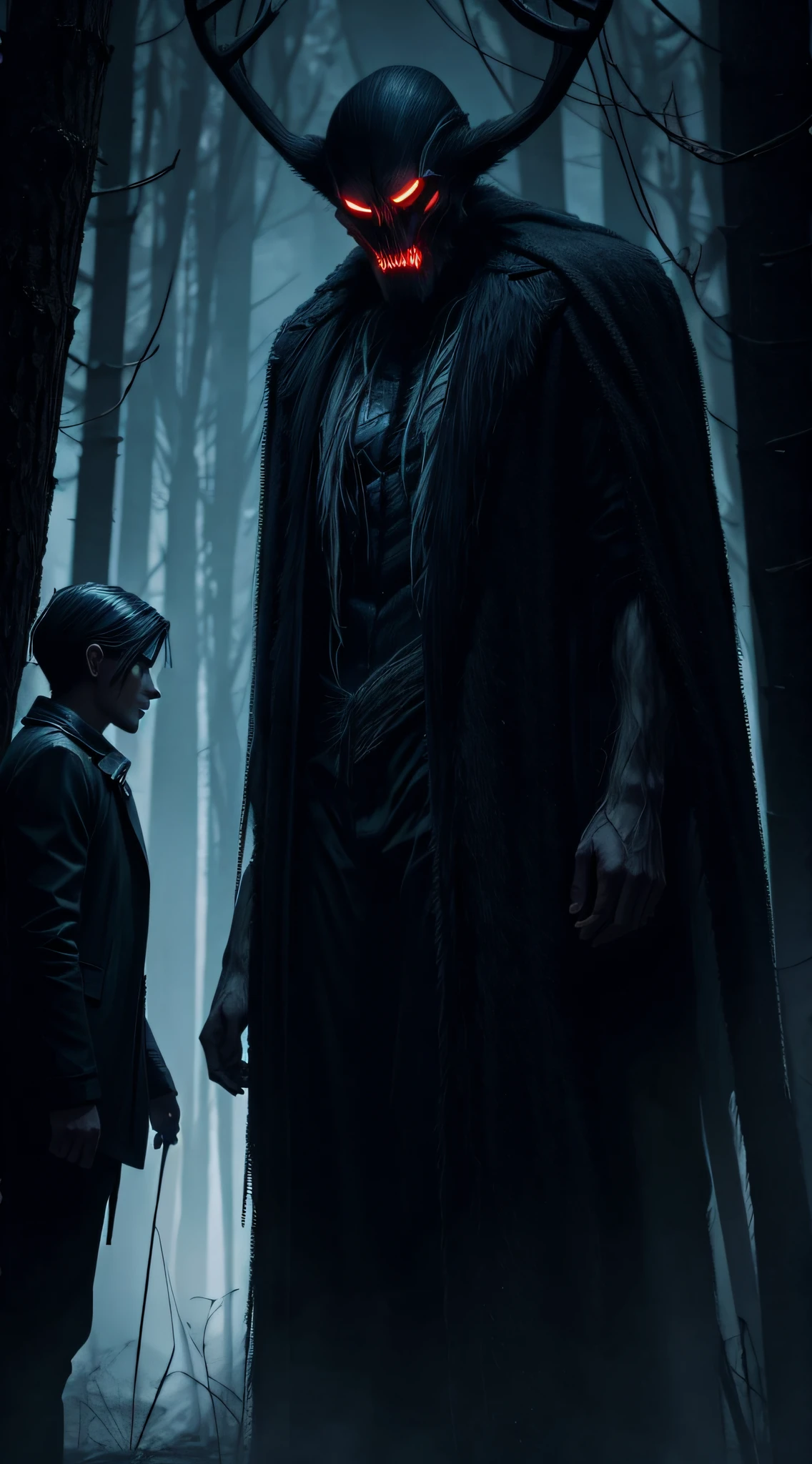 Illustrate shadowy figures overseeing Wendigo-human hybrid experiments.