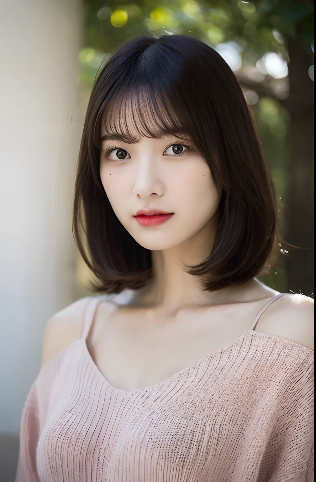 Beautiful woman with gentle and attractive Japan, half-body photo, delicate and sexy collarbone, attractive plump face, double eyelids, smart sagging eyes, pink lips, small upturned nose, small breasts, bare shoulders, concentrated face, face close-up, super high definition, very detailed and elegant appliqué cotton jersey sweatshirt is made from cotton jersey, It is characterized by a loose and languid silhouette.