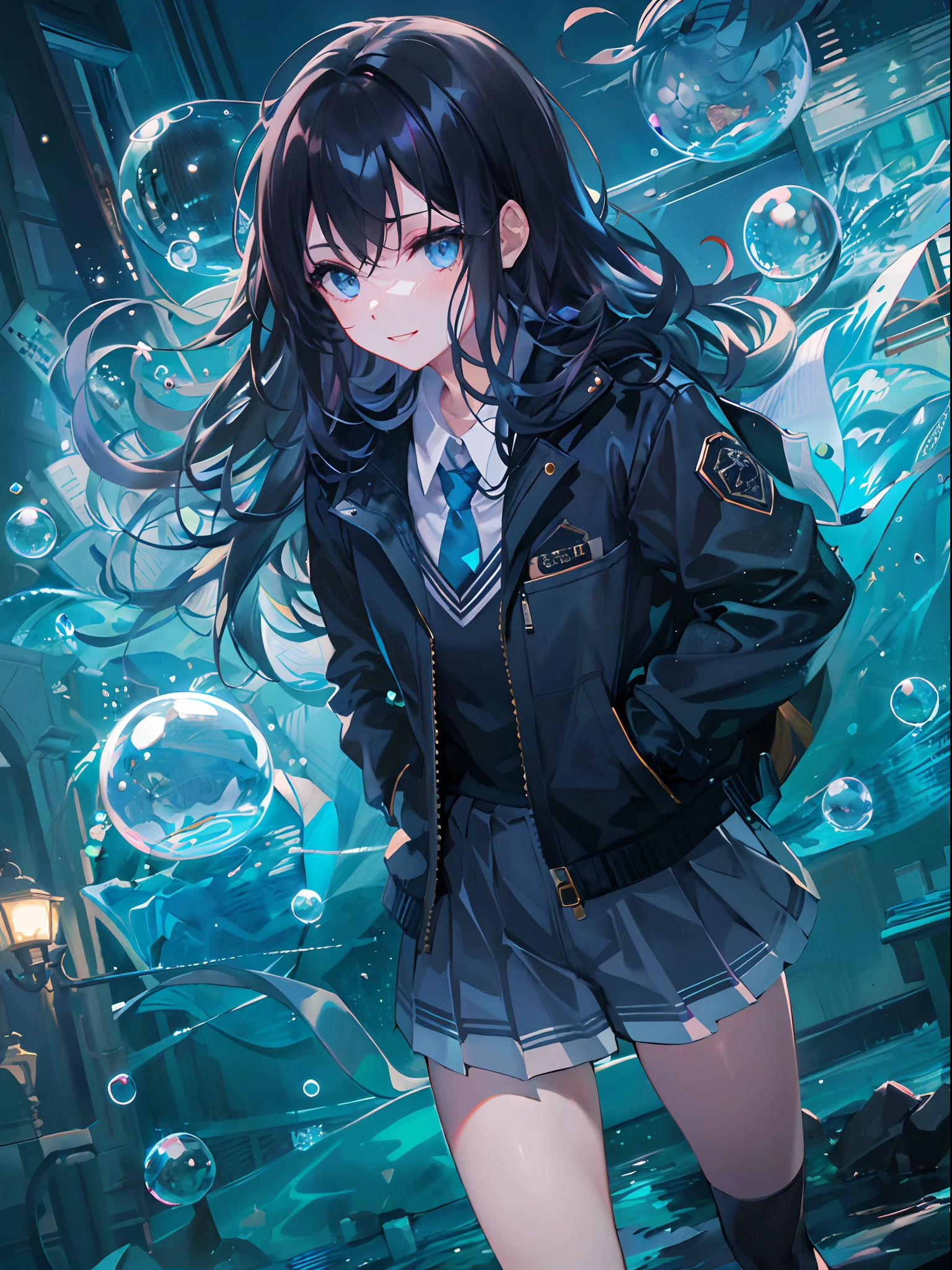((top-quality)), ((masterpiece)), ((ultra-detailliert)), (extremely delicate and beautiful), girl with, 独奏, cold attitude,((Black jacket)),She is very(relax)with the(Settled down)Looks,A dark-haired, depth of fields,evil smile,Bubble, under the water, Air bubble,bright light blue eyes,Inner color with black hair and light blue tips,Cold background,Bob Hair - Linear Art, shortpants、knee high socks、White uniform like school uniform、Light blue ribbon ties、Clothes are sheer、Hands in pockets、Bright eyes like sapphires