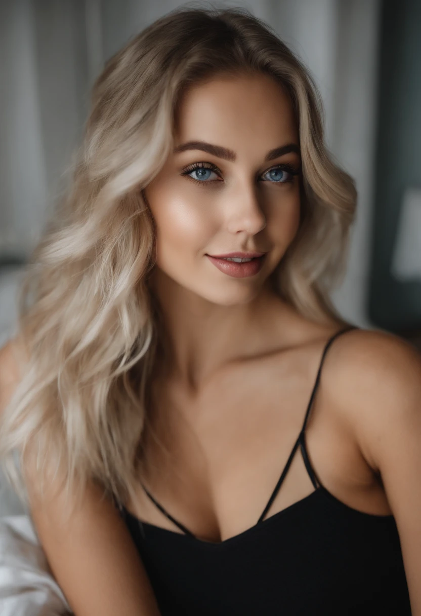 woman with matching tank top and panties, Sexy girl with blue eyes, portrait sophie mudd, portrait corinna kopf, blonde hair and large eyes, Selfie einer jungen Frau, Augen im Schlafzimmer, Violet Myers, ohne Make-up, Natural makeup, Blick direkt in die Kamera, Gesicht mit Artgram, dezentes Make-up, Stunning full body shot, im Schlafzimmer, Spaltung make the girl smile