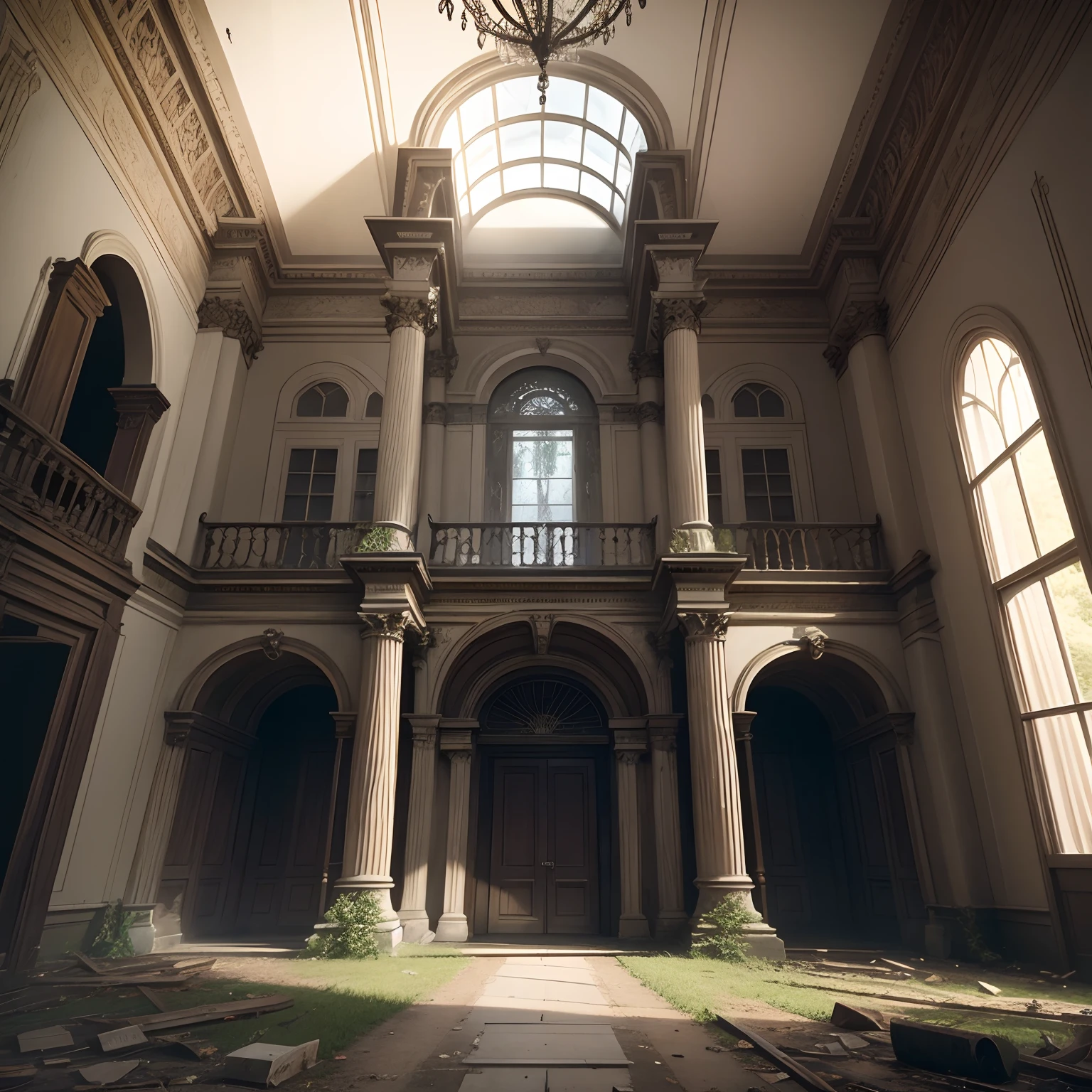 An old abandoned mansion in London, an old mansion, entrance to an abandoned mansion in London, Victorian style, anime, setting, no humans, setting for anime,. mystery, suspense,