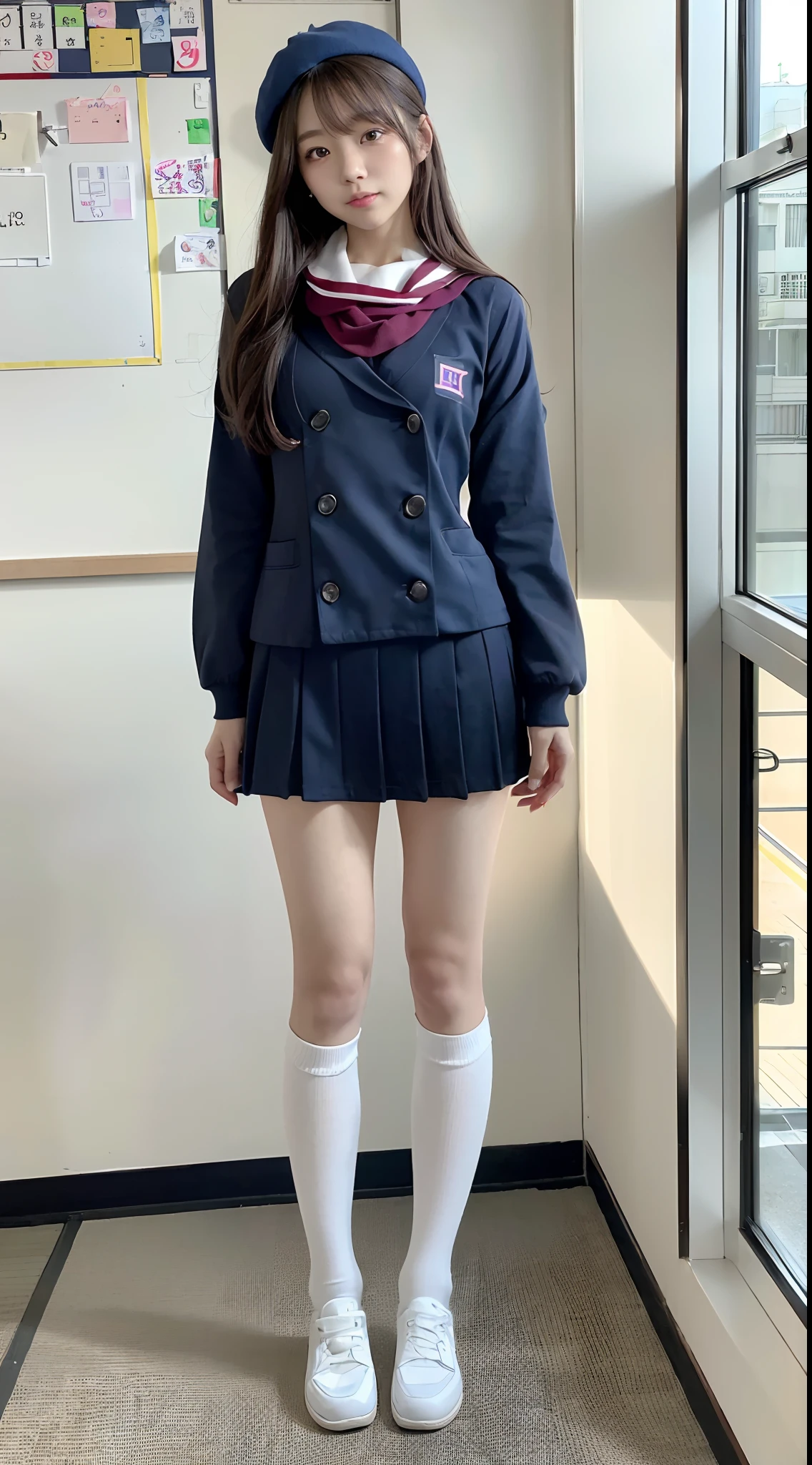 mix4, (16 K, Raw photography, Top image quality, masterpiece: 1.45), (realisitic, Photorealsitic: 1.37), one girls, 7.5, etc、Random hairstyle、Standing figure,Daytime、a very cute,Inside the school building,, profetional lighting, photon maping、physically-based renderingt, Gradient dark brown hair,Crisp backgrounds and high resolution, a handsome, Well-groomed and beautiful eyes、Large double eyelids、Very shiny、girl with, (((student clothes、Winter clothes、Sailor suit worn by Japan schoolgirl、Navy blue sailor color、scarf、a miniskirt, Small beret、high socks、lowfers、Frugal bag))), Top Quality Photos, hight resolution, 1080p, (clearface), (Detailed face description), (Detailed hand description), (masterpiece), (Exquisite CG)、extreme light and shadows、dishevled hair、master work、abundant detail、(Fine facial features)、(top quality photo)、(masuter piece)、(A detailed eye)、Look in front of you、Fine clavicle、((Slender big))、(((Japan schoolgirl in sailor suit)))、((Idle system))、((school classrooms、chalk board、desk and chair、Window side))、(((neat and cute)))、耳Nipple Ring、A big smile、Drawing the whole body from the knees、Do not draw nasolabial folds、(((Long sleeve sailor suit)))、(Big breasts that hang down big:1.2)、Big buttocks with tension、Two arms and two legs、(((from the front side:0.3)))、bare hand、No mask、No skin exposure