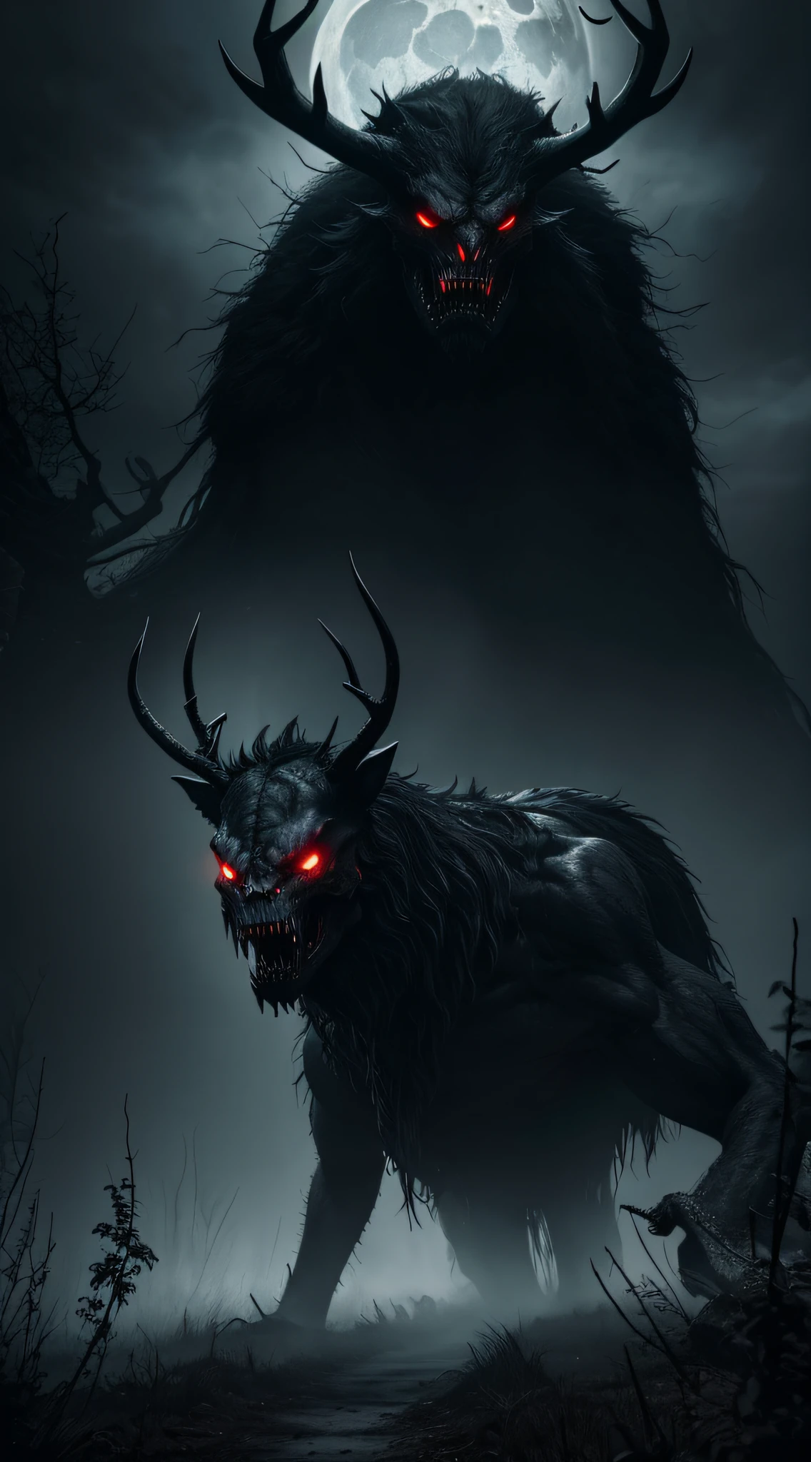 (best quality,4k,8k,highres,masterpiece:1.2),ultra-detailed,(realistic,photorealistic,photo-realistic:1.37),Wendigo-human hybrid emerging from the shadows,creepy,haunting,eerie,mythical,dark,monster,horrifying,sharp claws,long fangs,pale,emaciated body,glowing red eyes,transformation,shadows engulfing,menacing presence,twisted antlers,malicious grin,nails scraping the ground,demonic aura,forest backdrop,dense fog,moonlit night,spooky atmosphere,sinister creature,unnatural proportions,beastly appearance,ethereal,otherworldly,creature of the night,translucent skin,dreadful presence,nightmarish,gothic,horror,mysterious,unearthly,emerging from the darkness,ferocious,terrifying,foreboding,howling wind,ravenous,macabre silhouette,ominous,shadowy figure,bloodcurdling scream,cold breath,ominous rustling,unsettling,ghastly haunt,ghostly,hauntingly beautiful,forlorn soul,graceful yet menacing presence,dark silhouette,unleashing havoc,wicked visage.