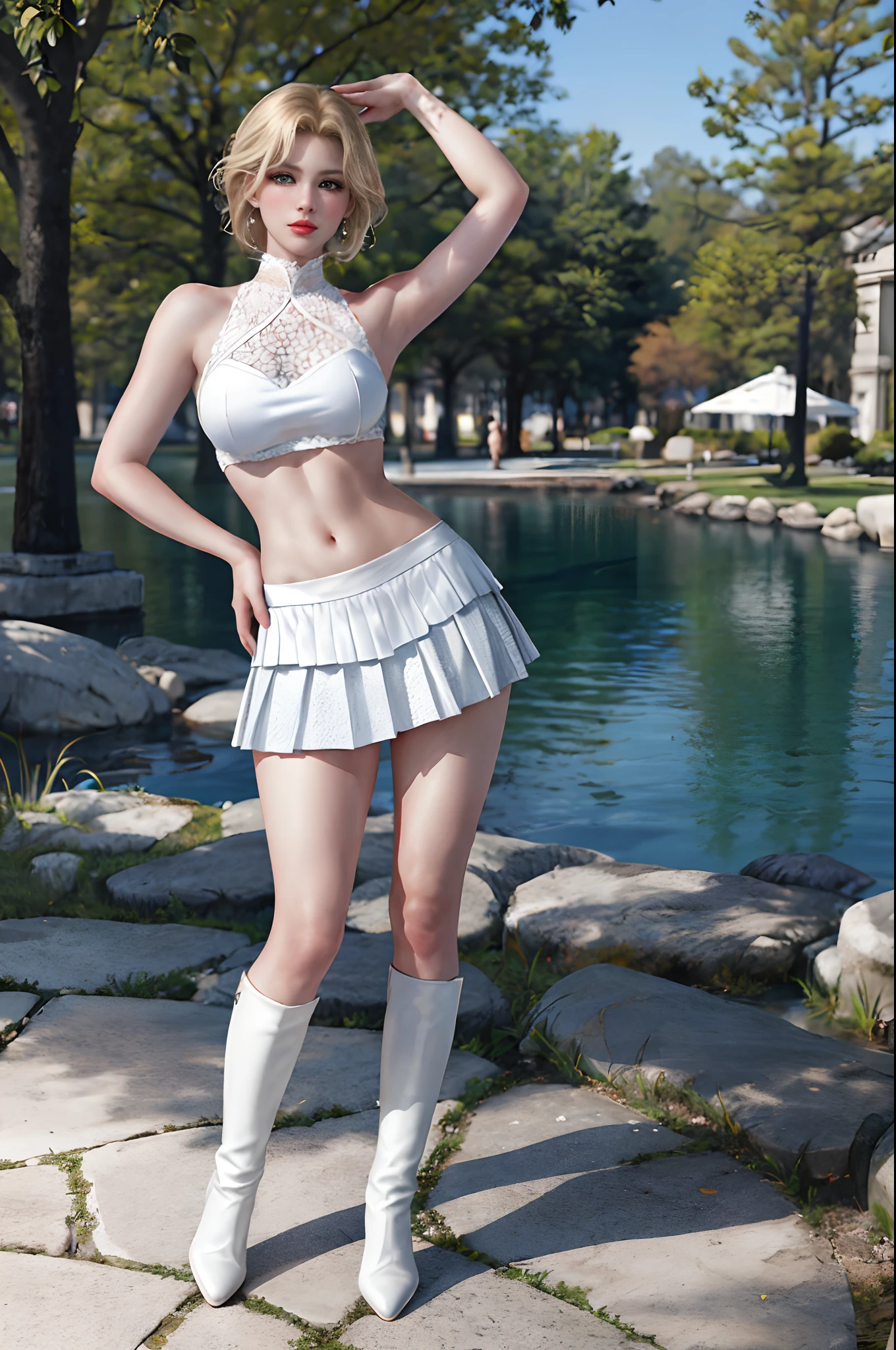 Blonde,Ultra realistic 8K CG, flawless,Helena, Rich, Earring、Standing pose in the park、Nikon Z 85mm, ((Best Quality)) ,((masterpiece)), intricate detailes, Professional, Photorealistic、 Extremely delicate and beautiful, ((Sexy Nurce Uniform,Sleeveless,Mini skirt)):1.2、in the midnight,（White Long boots with high pin heel）:1.2、Full body shot:1.2,angry expressions