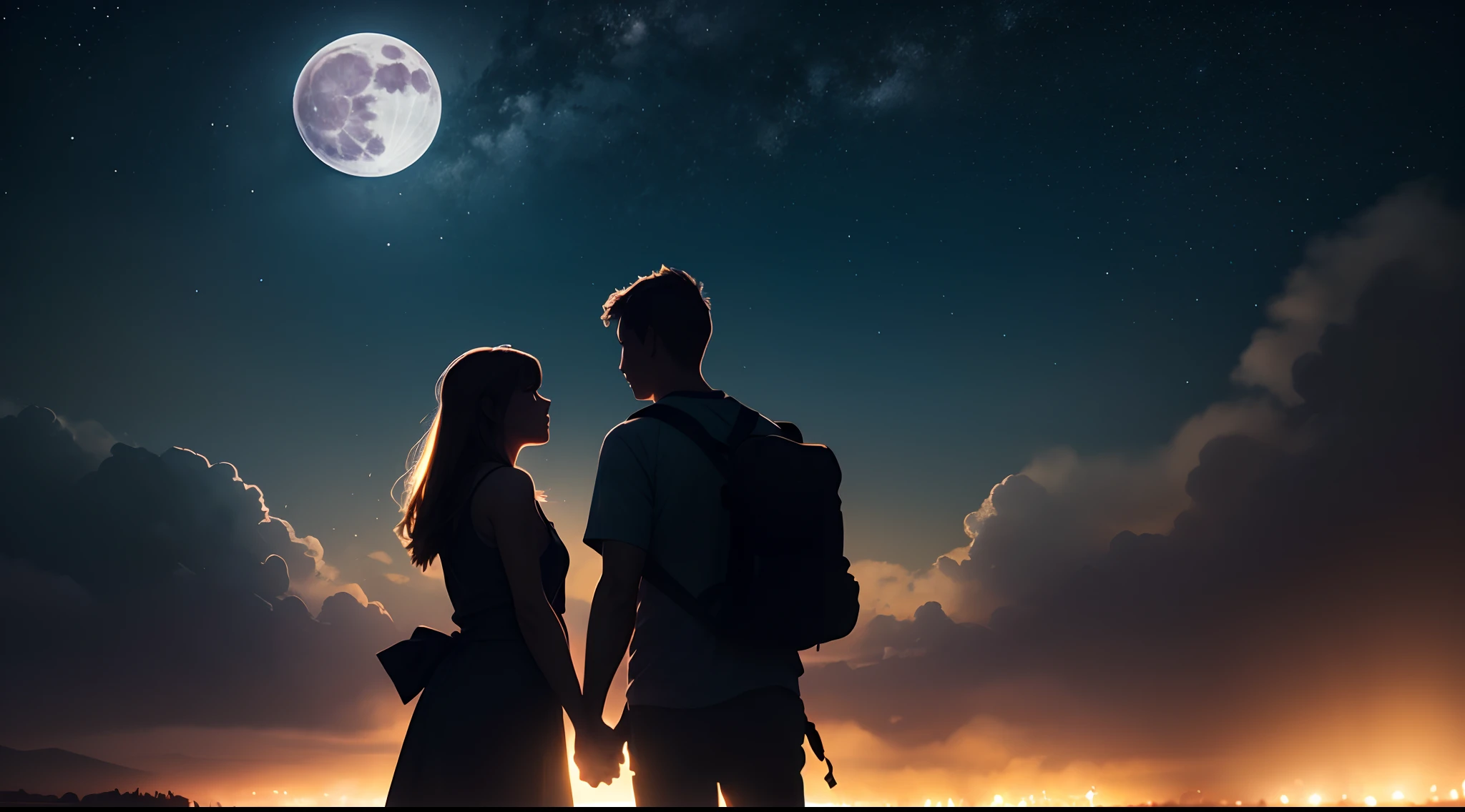 (Under the huge moonlight:1.1), A couple holding hands, (ultra-detailed:1.5), 32k, cinematic angle, floating, (detailed light), beautifully detailed sky, starry sky, (lighting particle), fog, snow, (painting), (sketch), lifelike texture, Hires upscale: 1.7, Hires upscaler: 4x_NMKD-Siax_200k, Denoising strength: 0.45, (illustration), cinematic lighting, (bloom), Luminism, silhouette