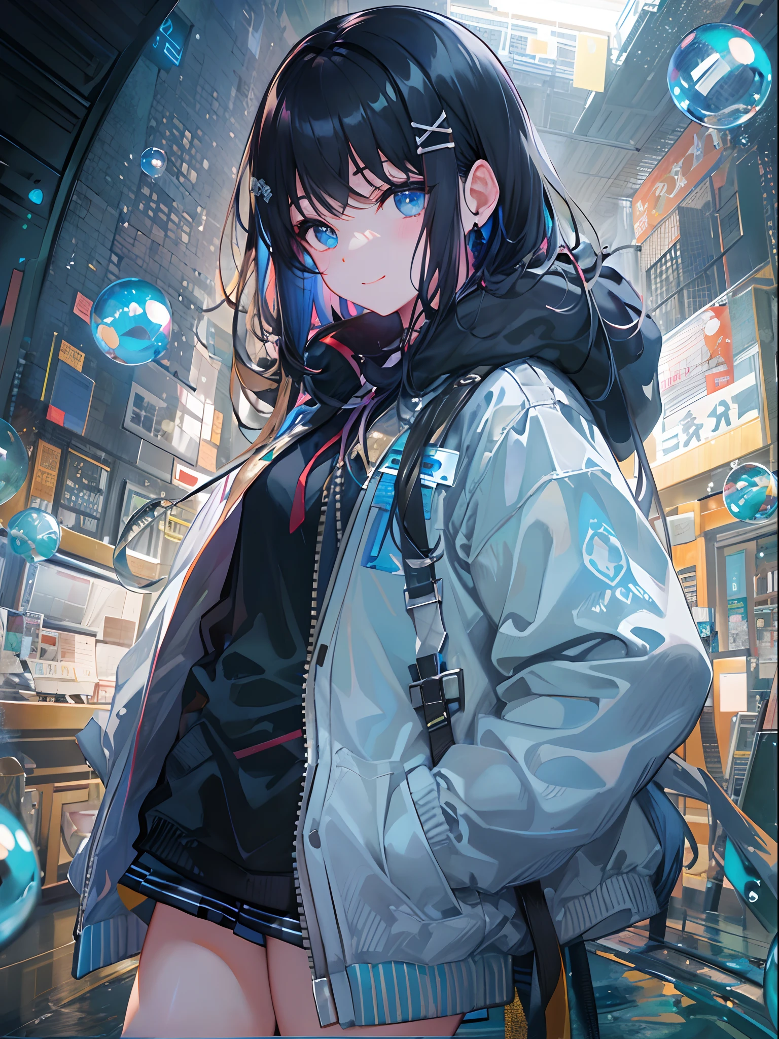 ((top-quality)), ((​masterpiece)), ((ultra-detailliert)), (extremely delicate and beautiful), girl with, 独奏, cold attitude,((Black jacket)),She is very(relax)with  the(Settled down)Looks,A dark-haired, depth of fields,evil smile,Bubble, under the water, Air bubble,bright light blue eyes,Inner color with black hair and light blue tips,Cold background,Bob Hair - Linear Art, shortpants、knee high socks、White uniform like school uniform、Light blue ribbon ties、Clothes are sheer、Hands in pockets、Bright eyes like sapphires