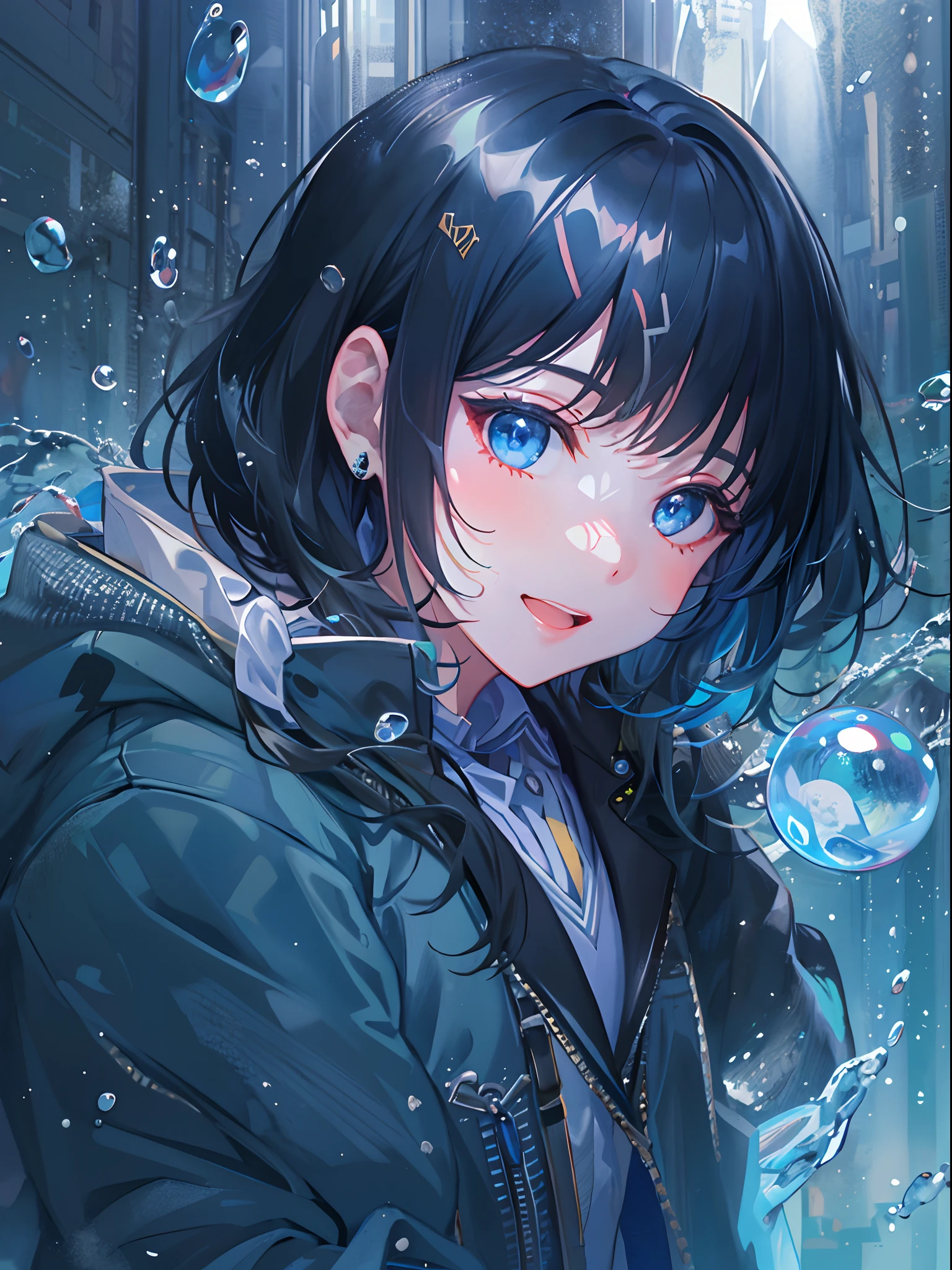 ((top-quality)), ((masterpiece)), ((ultra-detailliert)), (extremely delicate and beautiful), girl with, 独奏, cold attitude,((Black jacket)),She is very(relax)with the(Settled down)Looks,A dark-haired, depth of fields,evil smile,Bubble, under the water, Air bubble,bright light blue eyes,Inner color with black hair and light blue tips,Cold background,Bob Hair - Linear Art, shortpants、knee high socks、White uniform like school uniform、Light blue ribbon ties、Clothes are sheer、Hands in pockets、Bright eyes like sapphires
