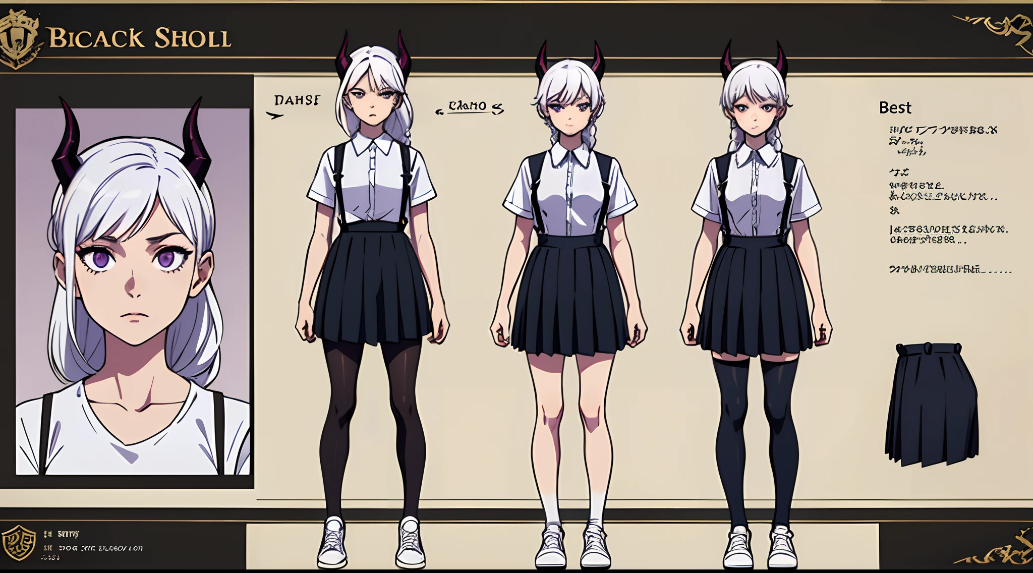 (Masterpiece, best quality), detailed, character sheet, many items (the same person, black school short shirt, black school skirt, suspenders, horizontal striped long stockings, white sneakers, many parts), daemon, detailed beautiful purple eyes, detailed face, white hair and white skin, braided ponytail, demon horns, full of details.