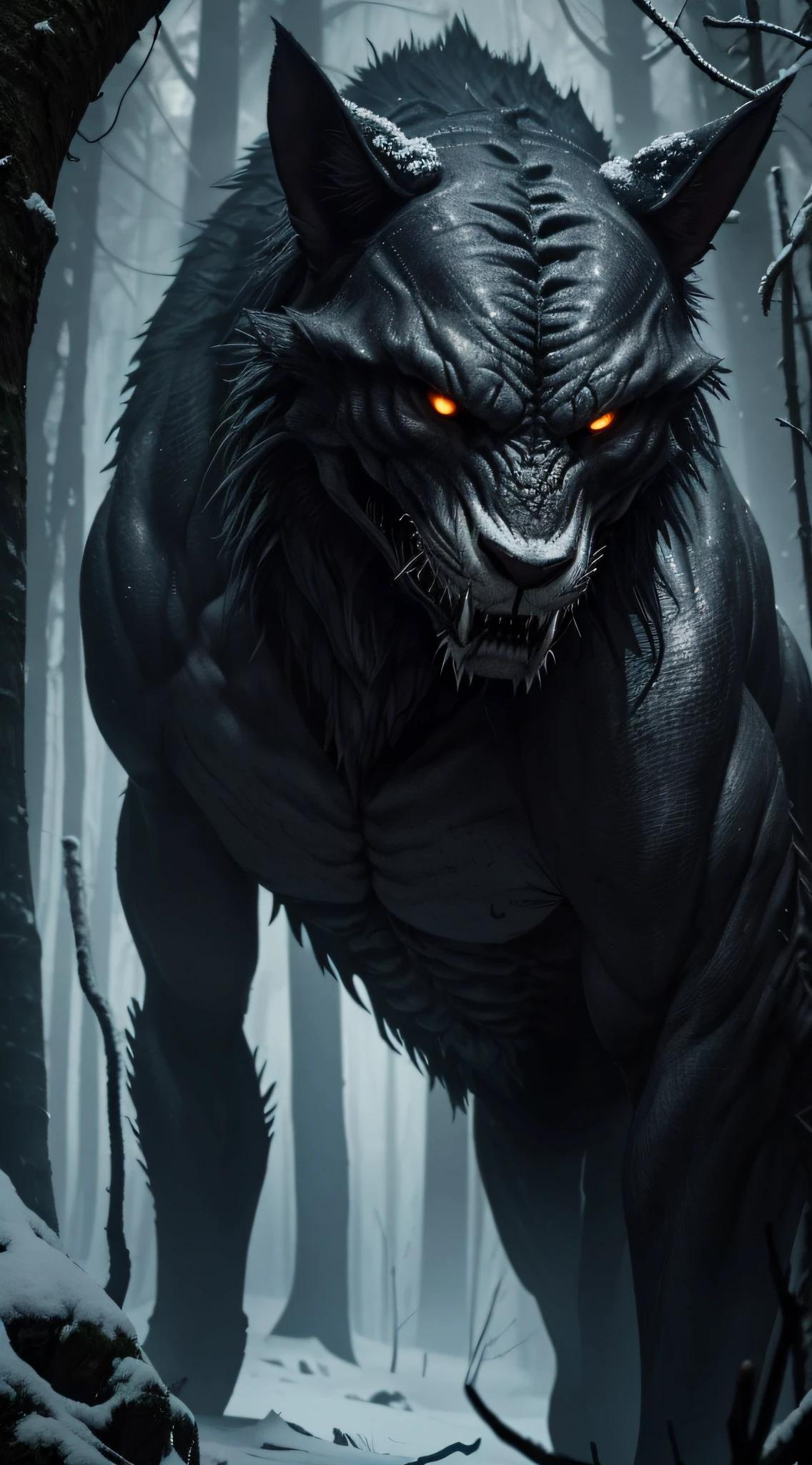 (a hidden location),(best quality,4k,8k,highres,masterpiece:1.2),ultra-detailed,(realistic,photorealistic,photo-realistic:1.37),horror,concept artists,feat of strength,ominous atmosphere,hungry eyes,vivid colors,dark shadows,sharp focus,creepy,nighttime,menacing presence,ferocious,dark forest,mythical creature,creeping vines,gruesome details,stealthy,lurking in the shadows,terrifying,humanoid body,wilderness,winter scene,predator-prey,sharp teeth,emaciated body,dangerous,uncanny,ethereal,emerging from darkness,survival instinct,unseen predator,possessed gaze,beastly,insatiable hunger,stalking its victim,feral,animalistic,haunting presence,spine-chilling.