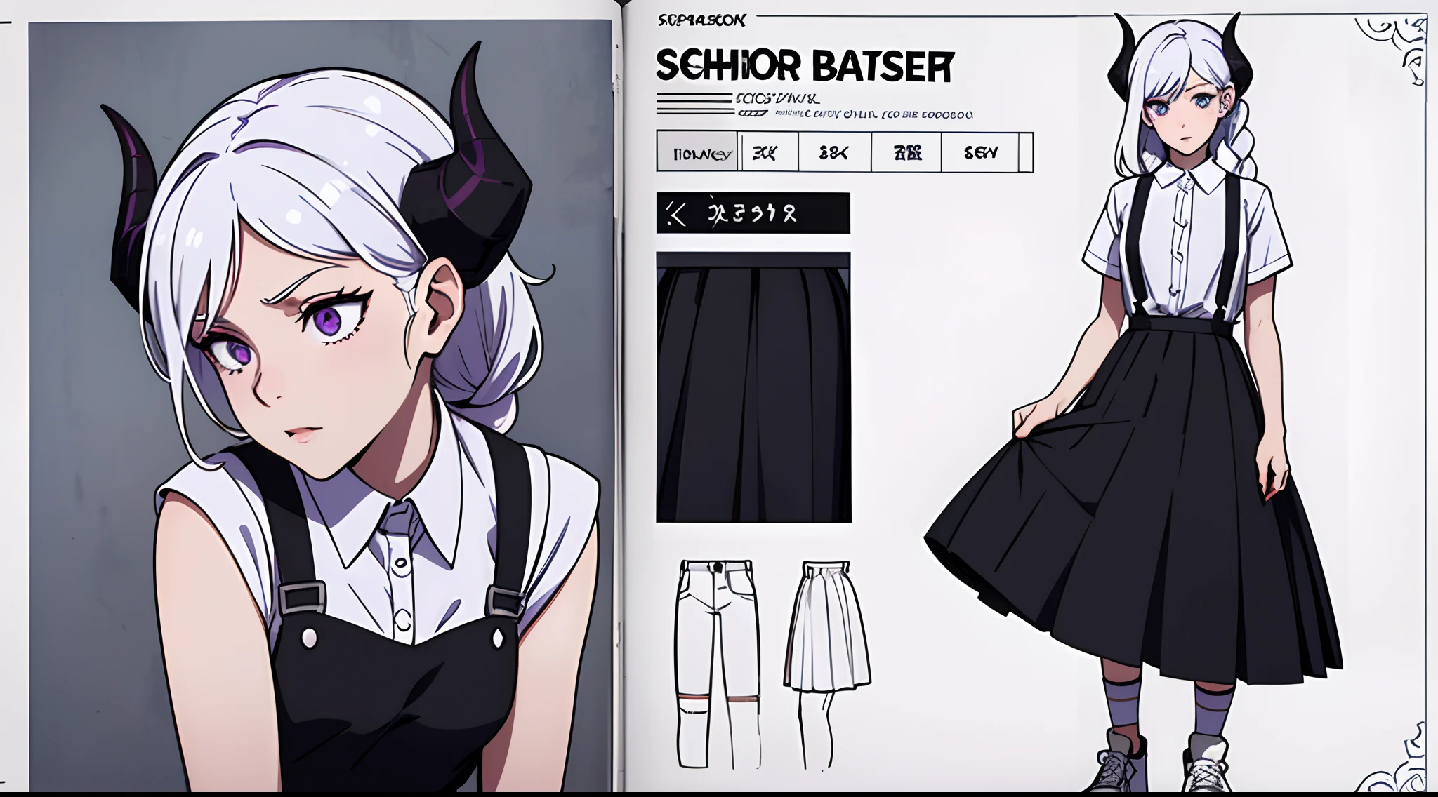 (Masterpiece, best quality), detailed, character sheet, many items (the same person, black school short shirt, black school skirt, suspenders, horizontal striped long stockings, white sneakers, many parts), daemon, detailed beautiful purple eyes, detailed face, white hair and white skin, braided ponytail, demon horns, full of details.