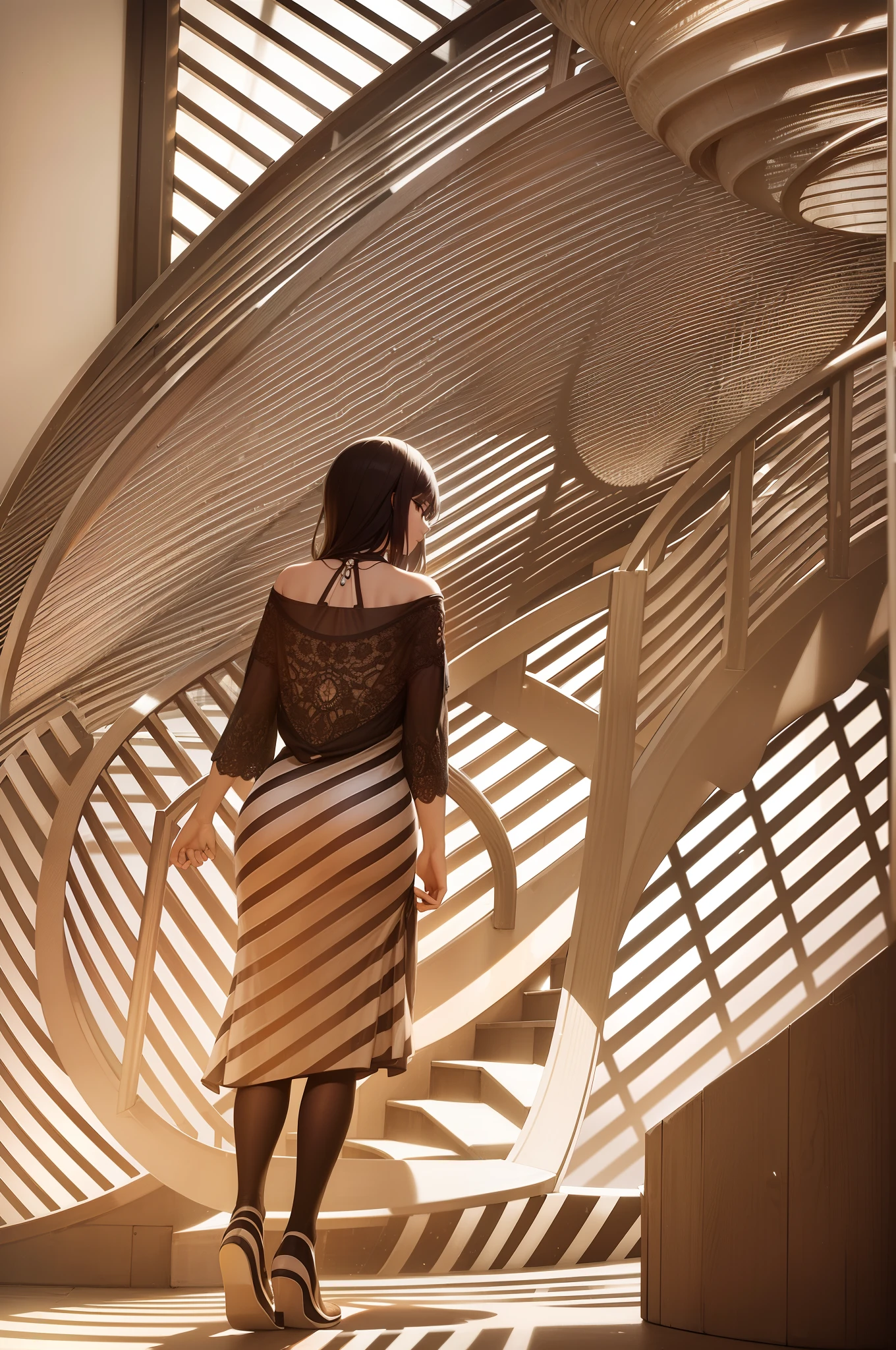 a portrait photograph of a woman walking down a spiral shaped staircase where shadows of the railings and shadow of herself create an artistic pattern together. proper steps visible in starcase. picture should be of high contrast and of minimal colors like black, orange, beige mainly. Shadows should fall in the same direction.