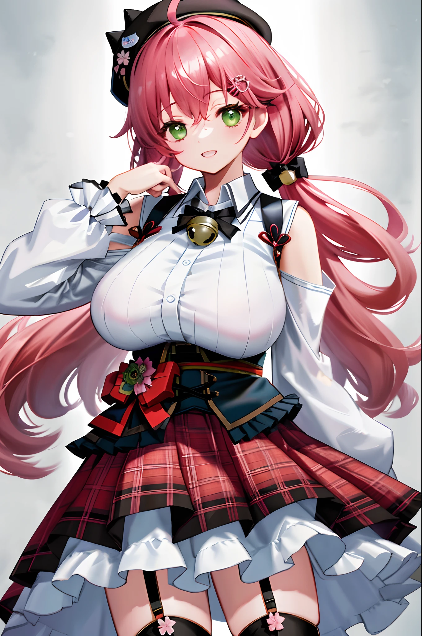masutepiece, Best_Quality, hight_resolution, miko2,Ponytail, 1girl, Green eyes, Ahoge, black headwear, Hair Ornament, White shirt, black thighhighs, Pink hair, Red_skirt, very_short_skirt, plaid skirts, garter_strap, Collared shirt, hair clips, frilld, Bangs, hair between eye, frills skirt, beret, Pleated skirt, Hair Flower, Neck bell, , puffy long sleeves, Black bow, Underbust, Cowboy Shot,Smile, (gigantic_breasts:1.3),covered_nipples, covered_pussy,close_eyes, happy, childlike_posing,spread_legs,smile,