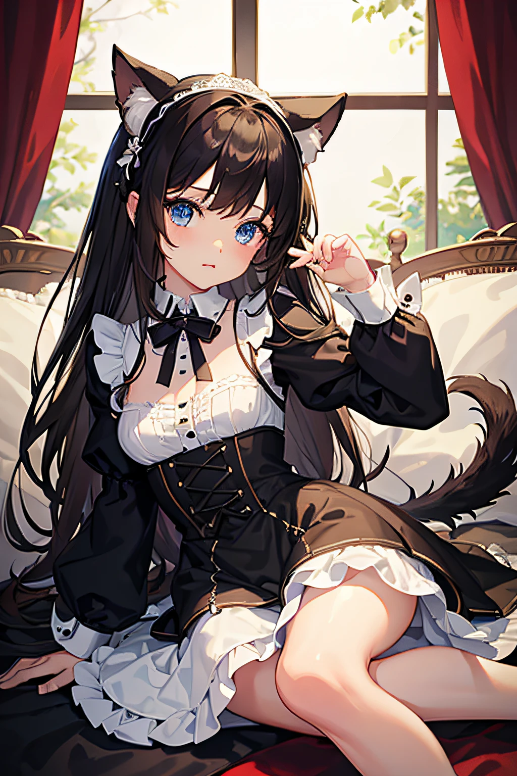 (Masterpiece, Best Quality,without extra limbs),A girl,dog ears and fluffy tail,blue eyes,medium-length brown hair,,,Lolityle dress,Gothic,bedroom in the background