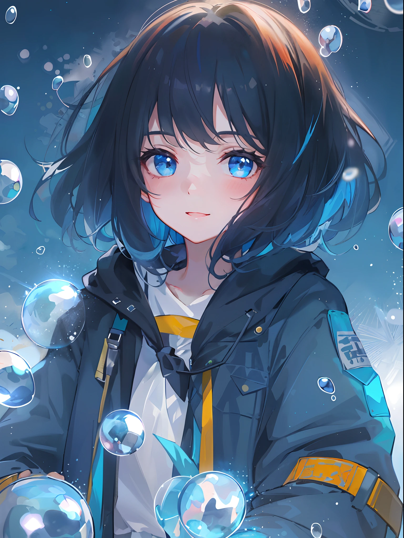((top-quality)), ((masterpiece)), ((ultra-detailliert)), (extremely delicate and beautiful), girl with, 独奏, cold attitude,((Black jacket)),She is very(relax)with the(Settled down)Looks,A dark-haired, depth of fields,evil smile,Bubble, under the water, Air bubble,bright light blue eyes,Inner color with black hair and light blue tips,Cold background,Bob Hair - Linear Art, shortpants、knee high socks、White uniform like school uniform、Light blue ribbon ties、Clothes are sheer、Hands in pockets、Bright eyes like sapphires, flourescent blue