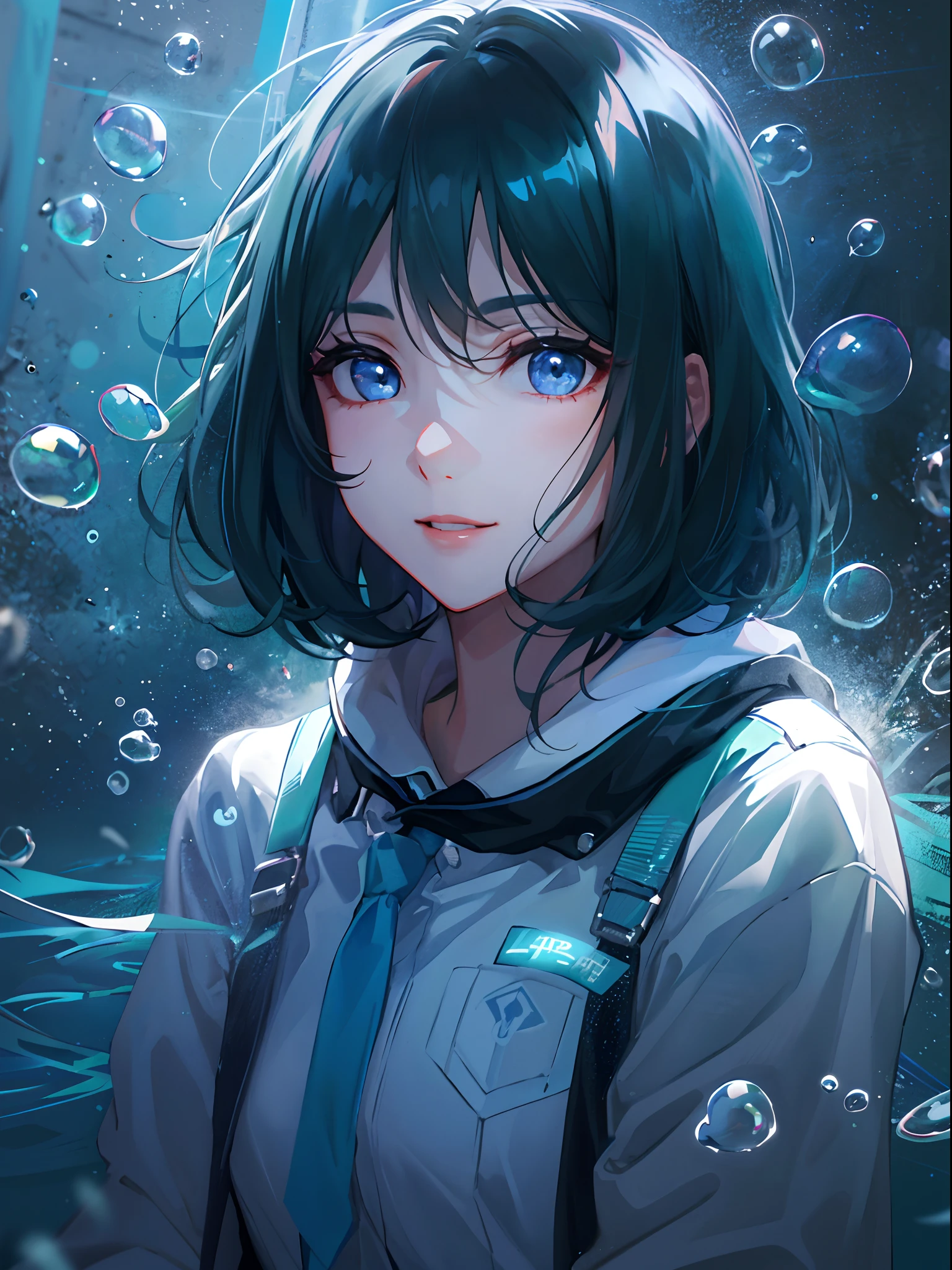((top-quality)), ((masterpiece)), ((ultra-detailliert)), (extremely delicate and beautiful), girl with, 独奏, cold attitude,((Black jacket)),She is very(relax)with the(Settled down)Looks,A dark-haired, depth of fields,evil smile,Bubble, under the water, Air bubble,bright light blue eyes,Inner color with black hair and light blue tips,Cold background,Bob Hair - Linear Art, shortpants、knee high socks、White uniform like school uniform、Light blue ribbon ties、Clothes are sheer、Hands in pockets、Bright eyes like sapphires, flourescent blue
