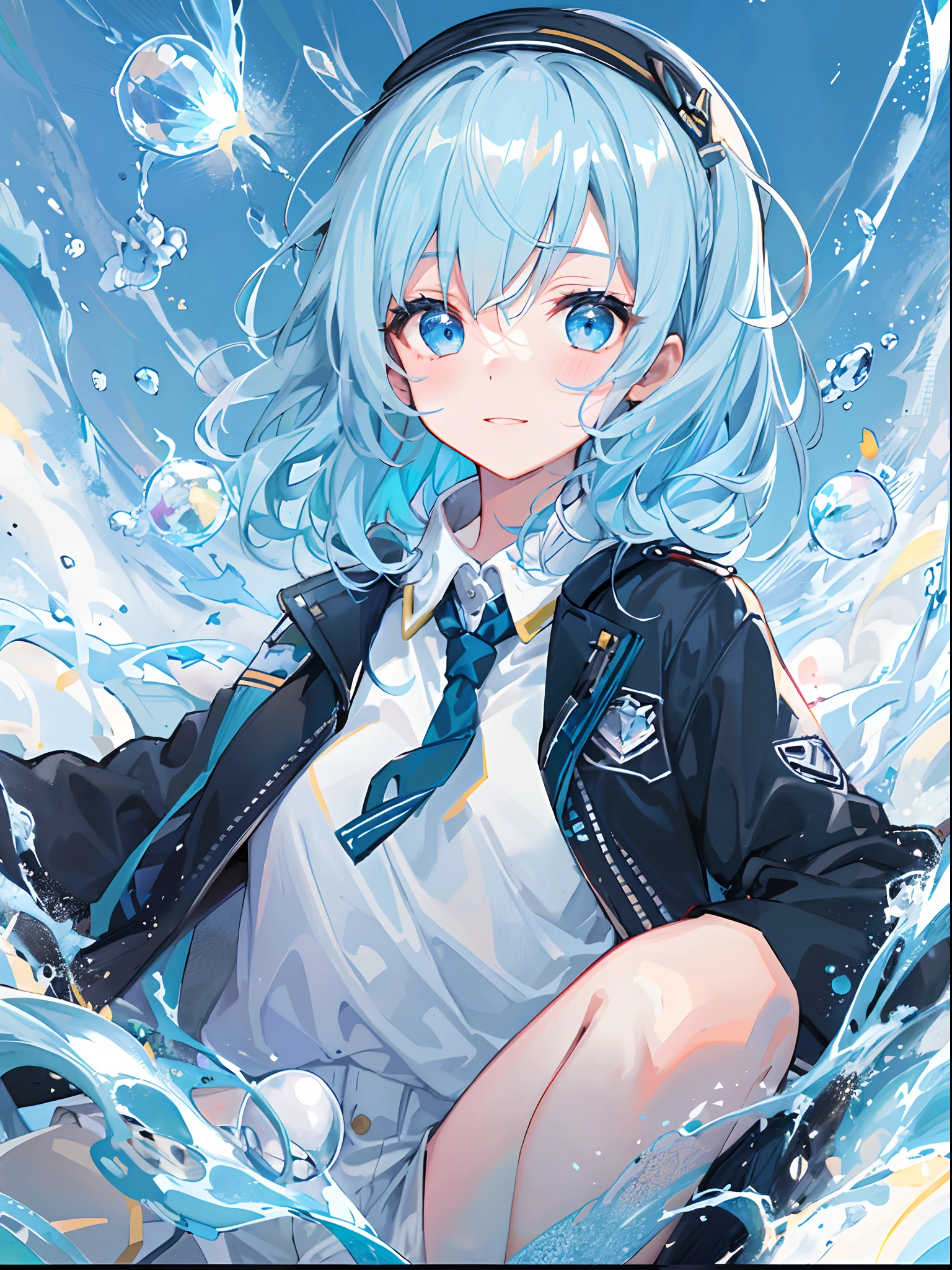 ((top-quality)), ((​masterpiece)), ((ultra-detailliert)), (extremely delicate and beautiful), girl with, 独奏, cold attitude,((Black jacket)),She is very(relax)with  the(Settled down)Looks,A dark-haired, depth of fields,evil smile,Bubble, under the water, Air bubble,bright light blue eyes,Inner color with light blue hair and light blue tips,Cold background,Bob Hair - Linear Art, shortpants、knee high socks、White uniform like school uniform、Light blue ribbon ties、Clothes are sheer、Hands in pockets、Bright eyes like sapphires,flourescent blue, There was a little blue light floating around、Upper eyes、