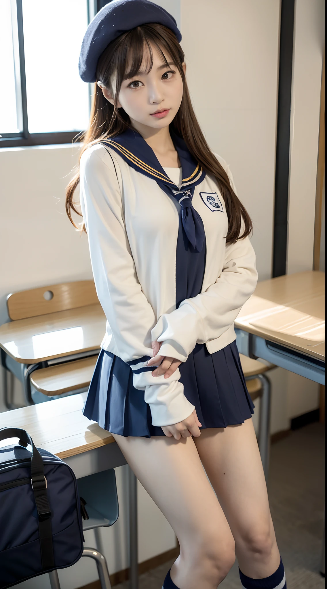 mix4, (16 K, Raw photography, Top image quality, ​masterpiece: 1.45), (realisitic, Photorealsitic: 1.37), one girls, 7．5, etc、Random hairstyle、Standing figure，Daytime、a very cute,Inside the school building,, profetional lighting, photon maping、physically-based renderingt, Gradient dark brown hair,Crisp backgrounds and high resolution, a handsome, Well-groomed and beautiful eyes、Large double eyelids、Very shiny、girl with, (((student clothes、Winter clothes、Sailor suit worn by Japan schoolgirl、Navy blue sailor color、scarf、a miniskirt, Small beret、high socks、lowfers、Frugal bag))), Top Quality Photos, hight resolution, 1080p, (clearface), (Detailed face description), (Detailed hand description), (​masterpiece), (Exquisite CG)、extreme light and shadows、dishevled hair、master work、abundant detail、(Fine facial features)、(top quality photo)、(masuter piece)、(A detailed eye)、Look in front of you、Fine clavicle、((Slender big))、(((Japan schoolgirl in sailor suit)))、((Idle system))、((school classrooms、chalk board、desk and chair、Window side))、(((neat and cute)))、耳Nipple Ring、A big smile、Drawing the whole body from the knees、Do not draw nasolabial folds、(((Long sleeve sailor suit)))、(Big breasts that hang down big:1.2)、Big buttocks with tension、Two arms and two legs、(((from the front side:0.3)))、bare hand、No mask、No skin exposure