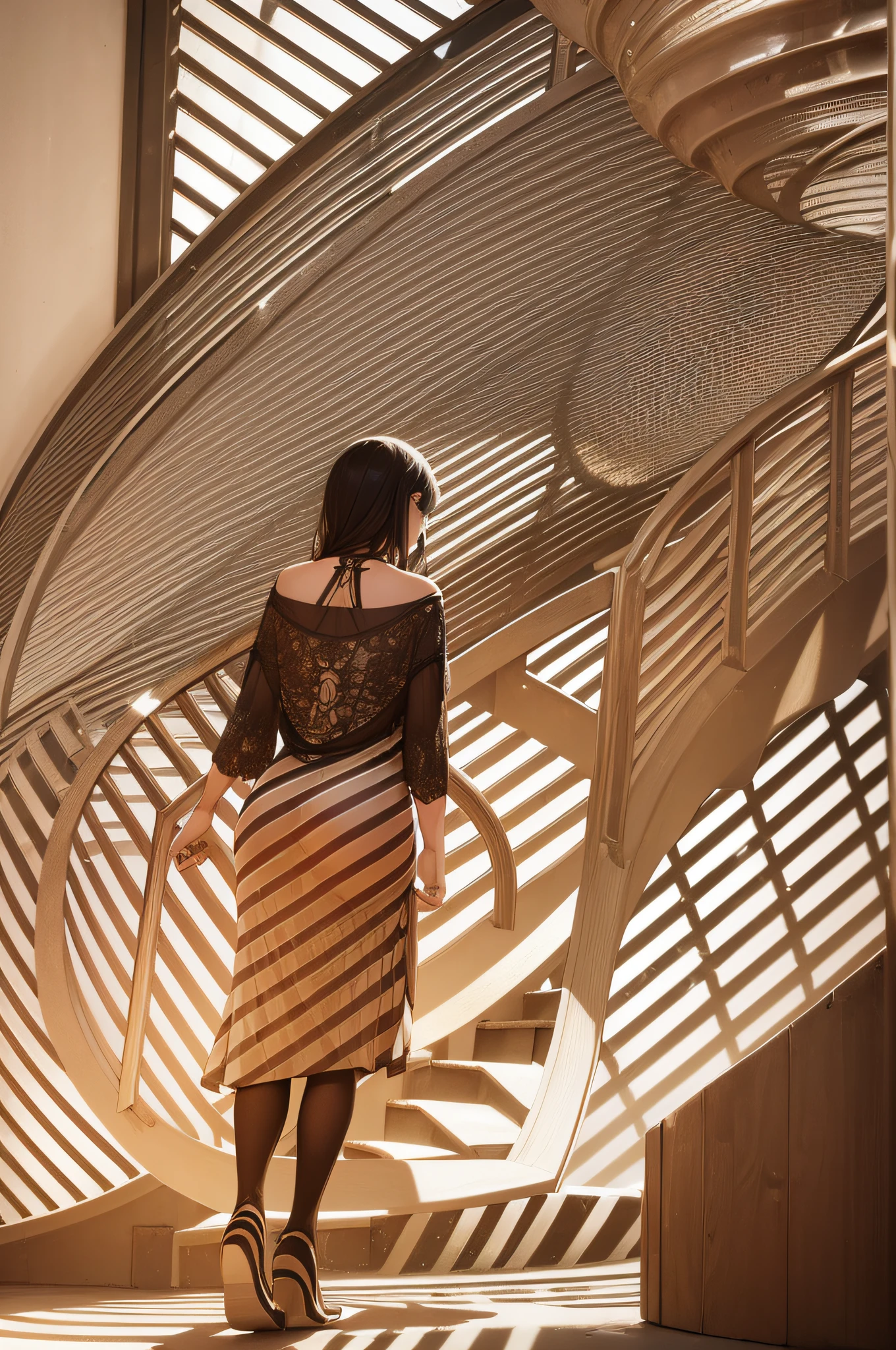 a portrait photograph of a woman walking down a spiral shaped staircase where shadows of the railings and shadow of herself create an artistic pattern together. proper steps visible in starcase. picture should be of high contrast and of minimal colors like black, orange, beige mainly. Shadows should fall in the same direction.