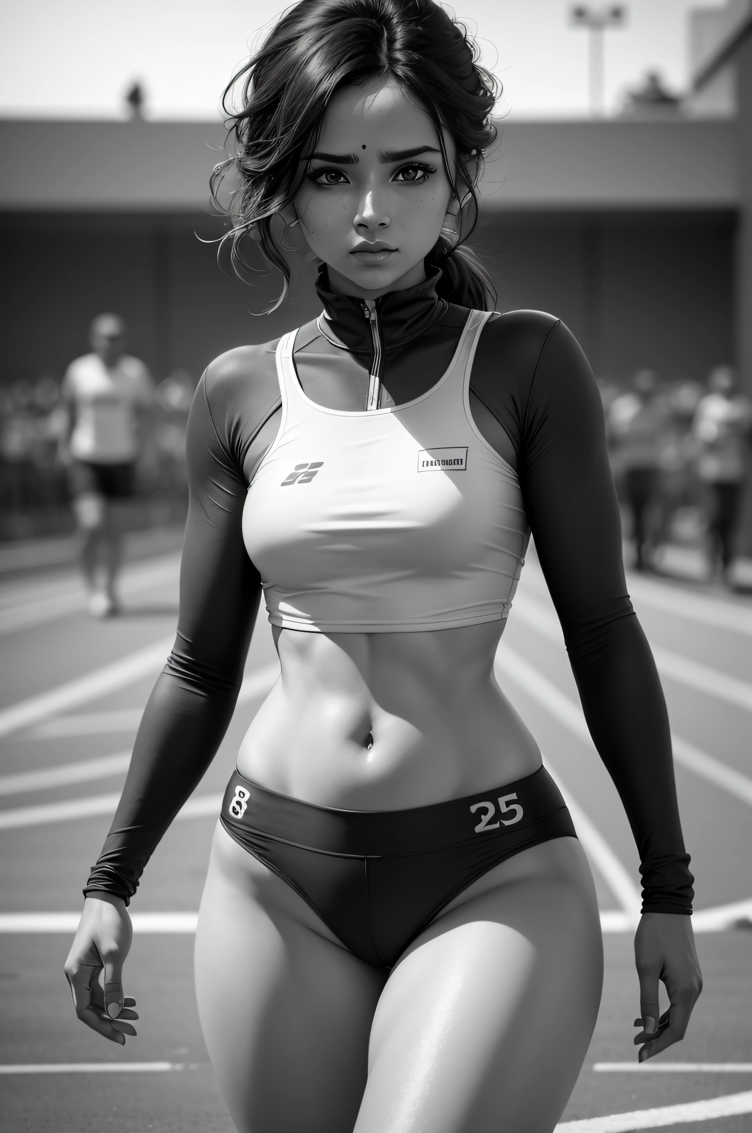 beautiful mature Indian college girl, in track outfit, outside on track field, ((slim, petite)), photorealistic, photo, masterpiece, realistic, realism, photorealism, high contrast, photorealistic digital art trending on Artstation 8k HD high definition detailed realistic, detailed, skin texture, hyper detailed, realistic skin texture, armature, best quality, ultra high res, (photorealistic:1.4),, high resolution, detailed, raw photo, sharp re, by lee jeffries nikon d850 film stock photograph 4 kodak portra 400 camera f1.6 lens rich colors hyper realistic lifelike texture dramatic lighting unrealengine trending on artstation cinestill 800,