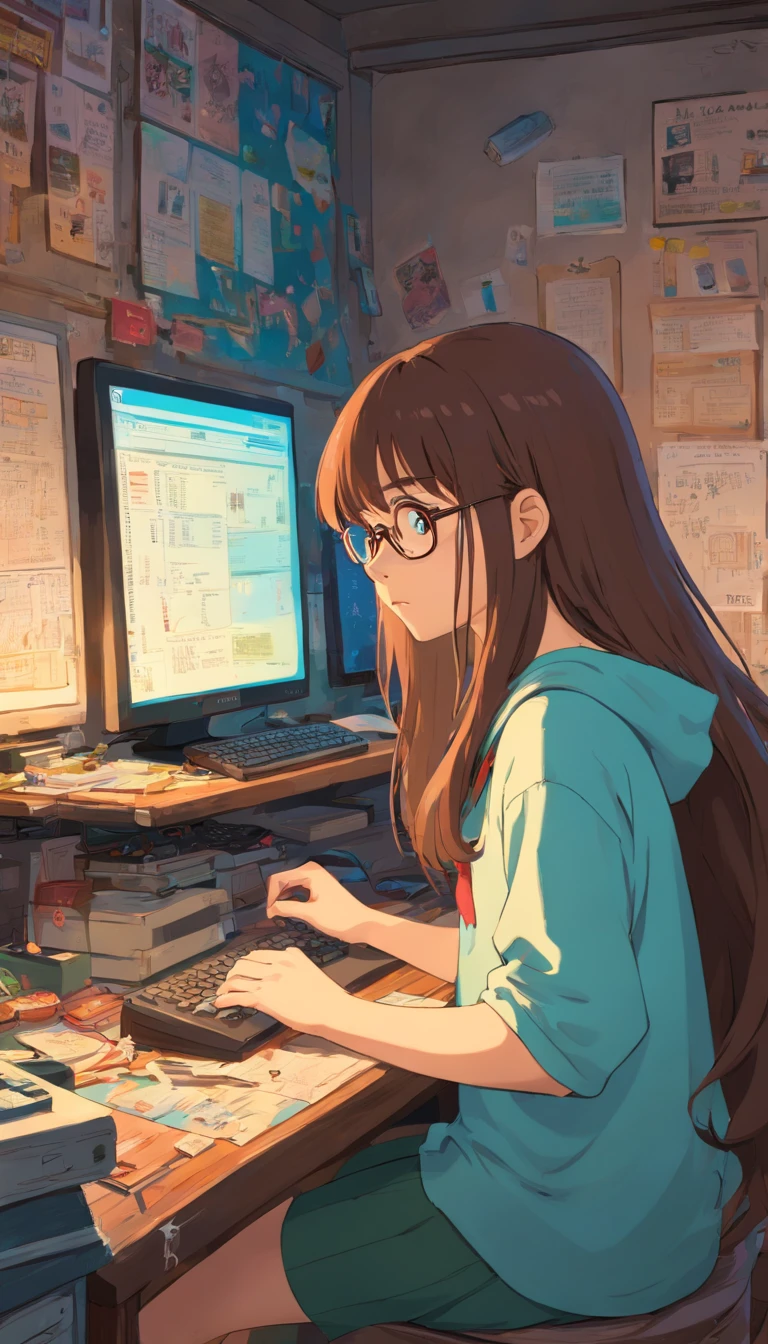 A girl with a long brown hair,with bangs,with eyeglasses,putting a password in a computer,messy room.