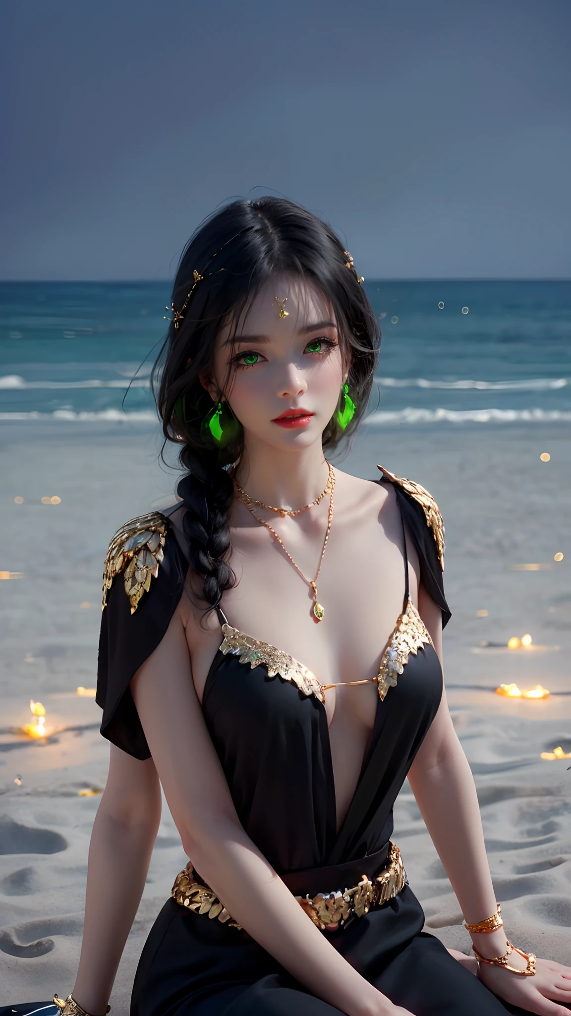 1 beautiful young princess, ((wearing a black armored dress with gold trim in ancient hanfu style:1.6)), (((Exquisite patterns on the skirt:1.6))), ((braided hair with long black bangs: 1.6)), ((long bangs:1.6)), ((hair jewelry:1.9)), ((upper body gold jewelry:1.9)), ((Very delicate gold necklaces:1.7)), ((earrings with emeralds:0.8)), noble, noble style of an extremely beautiful girl, super cute little face, very pretty face, fur thin eyebrows, flawless beautiful face, ((black eye pupils: 0.8)), very beautiful eyes, ((green eyes eyes: 1.6)), beautiful makeup and detailed hairdo, eyelashes, eye makeup wet, high nose, earrings, red lips, ((closed mouth: 1;5 )) beautiful lips, slim hands, ((arms spread out to the sides: 1.7)), rosy face, clean face, flawless beautiful face, smooth white skin, firm breasts, nice cleavage, ((super big and round breasts: 1.6)), beautiful breasts, perfect body, ((bent sitting position:1.6)), 8k photos, super high quality, super realistic, super 10x pixels, optical, bright studio, bright edges, two-tone lighting, (high detail skin:1.2), super 8k, soft lighting , high quality, volumetric light, optical, optical high resolution, light, best photo, 4k, 8k quality, blur effect, smooth sharpness, 10 x pixels, ((beach at night background:1.5)), aurora, lightning, super realistic graphics, most realistic graphics, alone, solo, Extremely sharp, surreal images, (((frontal portrait: 1.6)))."