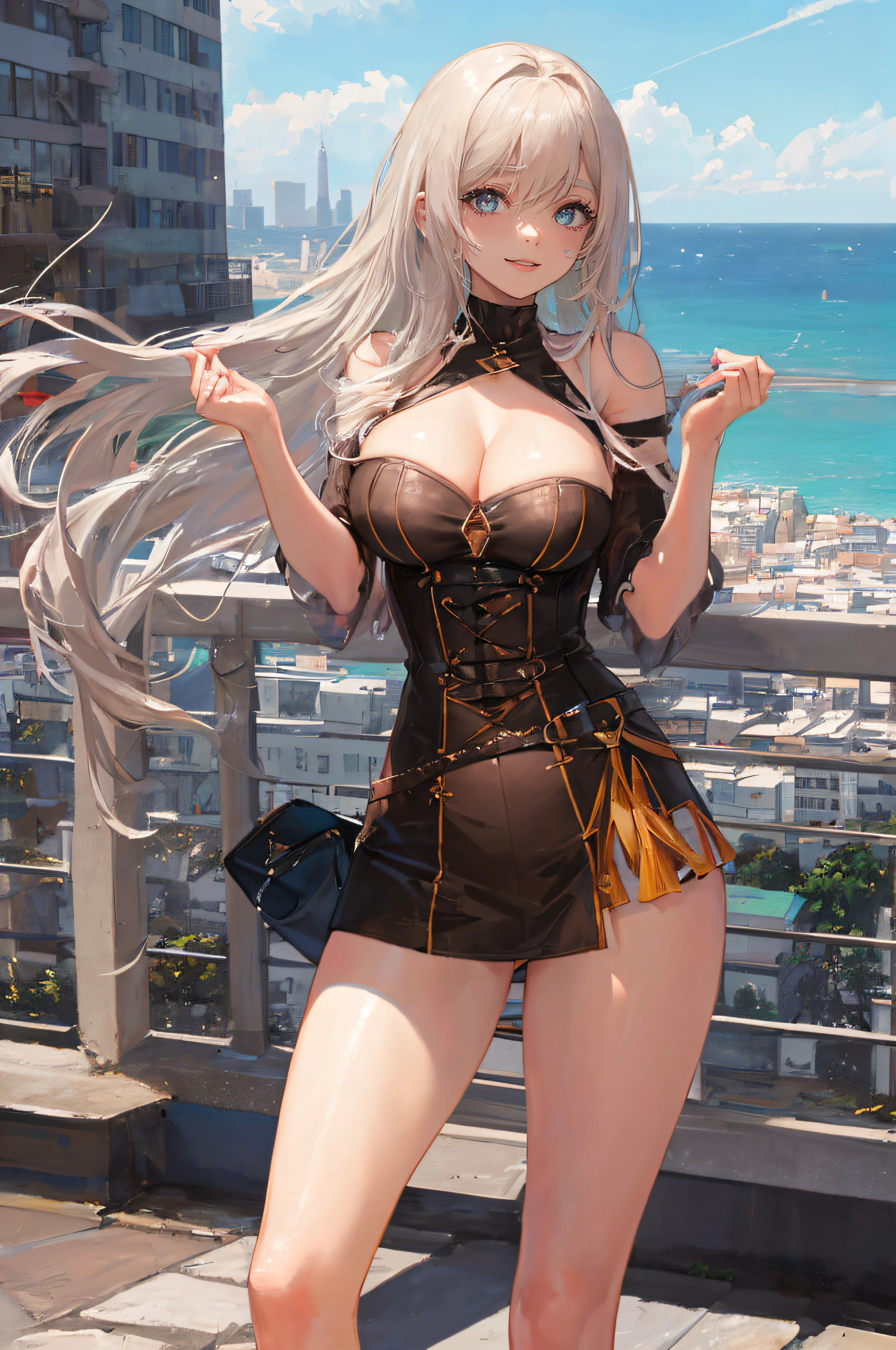 ((A beautiful and cute woman is standing on the terrace)), ((20-year-old beauty)), ((charming smile)), ((shiny long hair)), ((miniskirt)), (( Rich bust)), ((gradient eyes)), ((background is city with sea view)), attractive makeup, single view, NFFSW, UHD, retina, masterpiece, accurate, anatomical, scientifically correct, textured skin, super detail, high detail, high quality, award winning, top quality, high resolution, 1080P, HD, 4K, 8k, 16k
