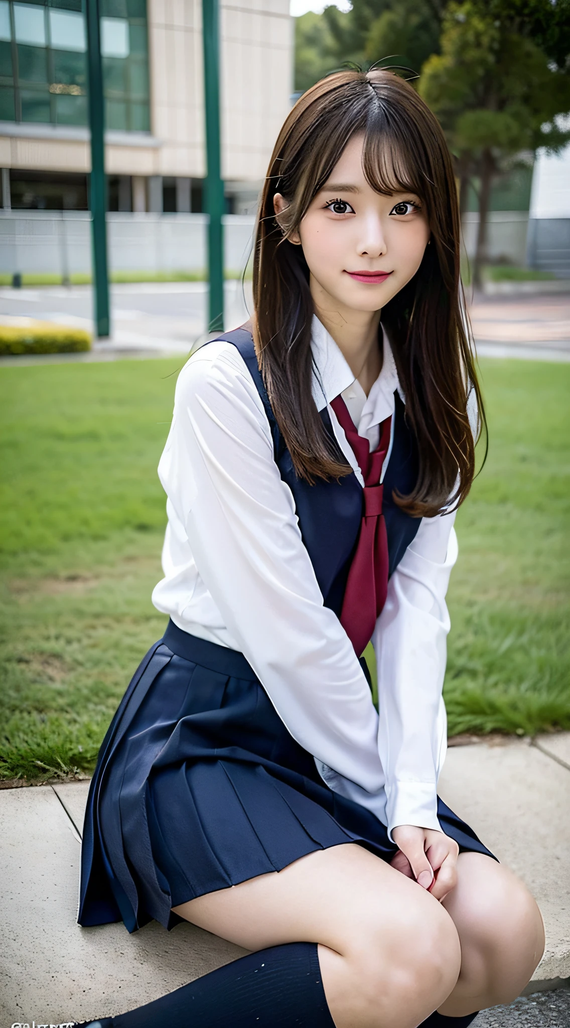 Stand in the classroom of school２girl girl,Red Tie Uniform,Dark Blue Closed Blazer,blue plaid miniskirt,18-year-old,bangs,a little smile,thighs,knees,from below，random pose，pretty girl，slender girl，white panties，