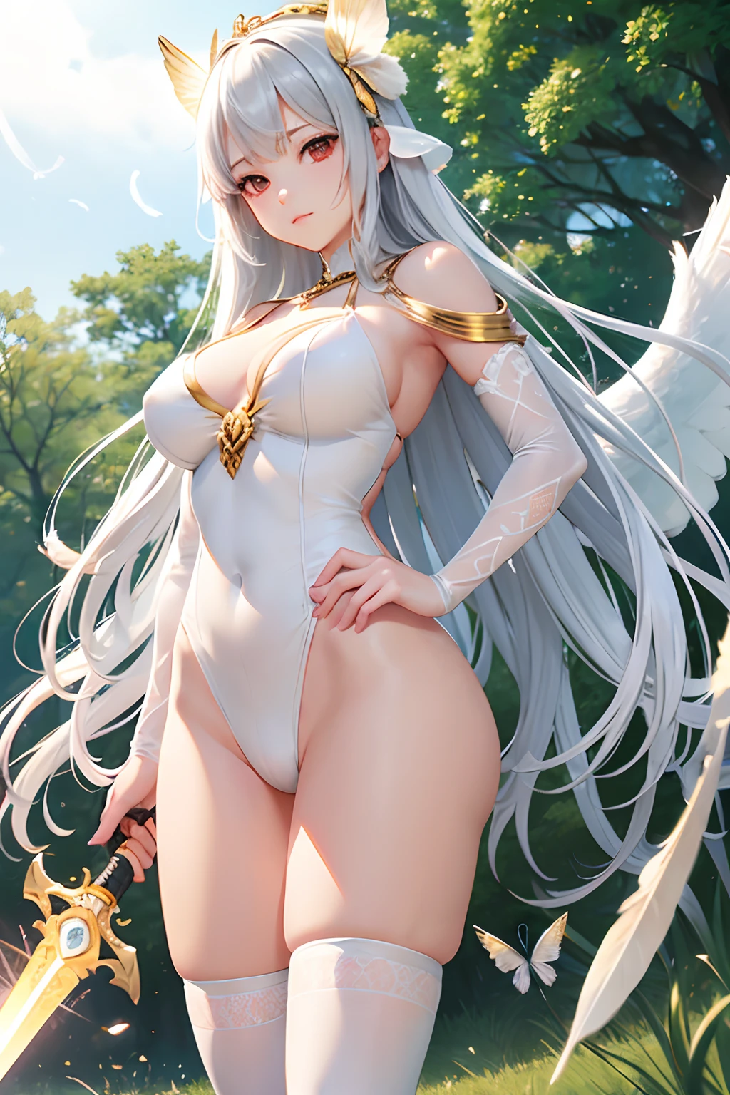 (in 8K, Raw photo, Best Quality, masutepiece:1.2), (Realistic, Photorealsitic:1.37), Best Quality, 超A high resolution, 、Natural lighting, Smooth skin, (Beautiful detailed eyes:1),(beautifull detailed face:1)、Deities々Angel、silver hair、Voluminous straight hair、shinny hair、huge tit、Plump、expressionless、red eyes、closed mouth、full body、looking down、looking at viewer、solo focus、fantasy、(White leotard with very gorgeous decoration)、(Golden chain decoration)、(angel wings)、Sheer white knee socks、stand、Grasping a detailed glowing one-handed sword、With a detailed glowing one-handed sword、Throw your sword in the center、Do not bend your knees、Niō Standing、Battle pose、grass field、(feathers:1.3)、(butterfly)、Feather Effects、fisheye、from below,Low angle、