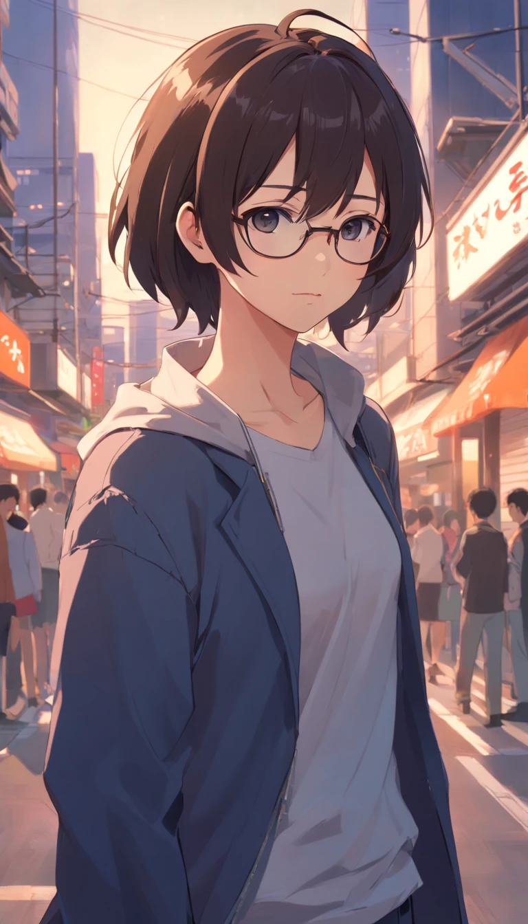 16 yaers old,Libido boy,Shota,male people,Black color hair,Square glasses,apathy,black black jacket,White color blouse,Short long hair,with long bangs,messed up hair,Without background,sketching,urban backdrop,modern day,No chest