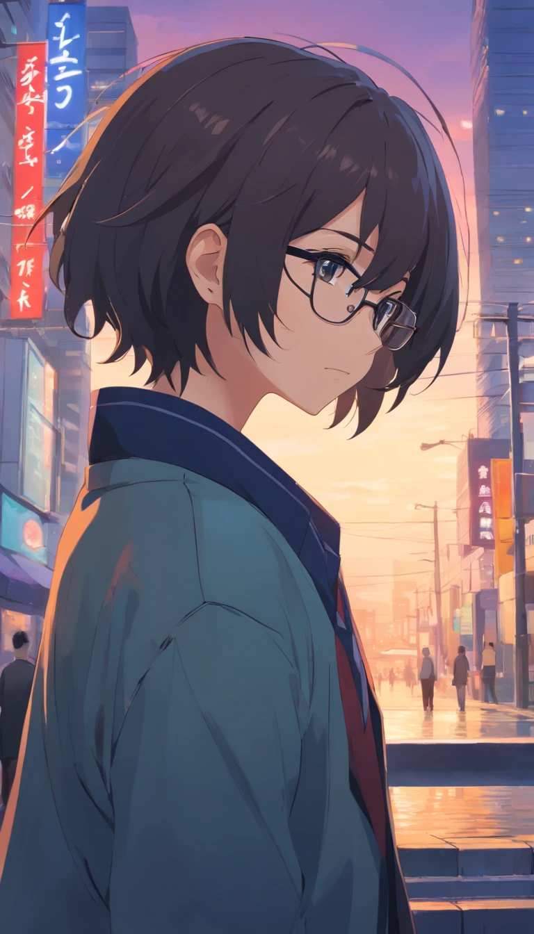 16 yaers old,Libido boy,Shota,male people,Black color hair,Square glasses,apathy,black black jacket,White color blouse,Short long hair,with long bangs,messed up hair,Without background,sketching,urban backdrop,modern day,No chest