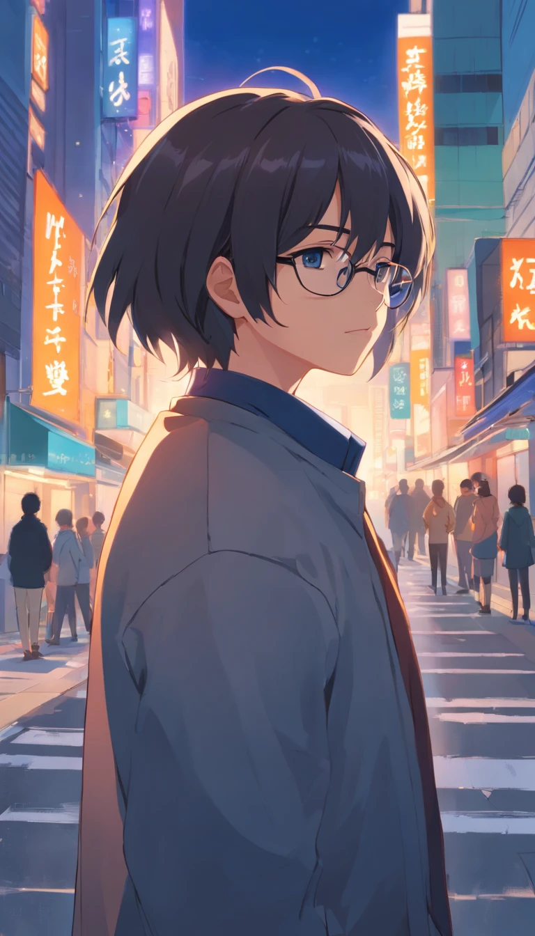 16 yaers old，Libido boy，Shota，male people，Black color hair，Square glasses，apathy，black black jacket，White color blouse，Short long hair，with long bangs，messed up hair，Without background，sketching，urban backdrop，modern day，No chest