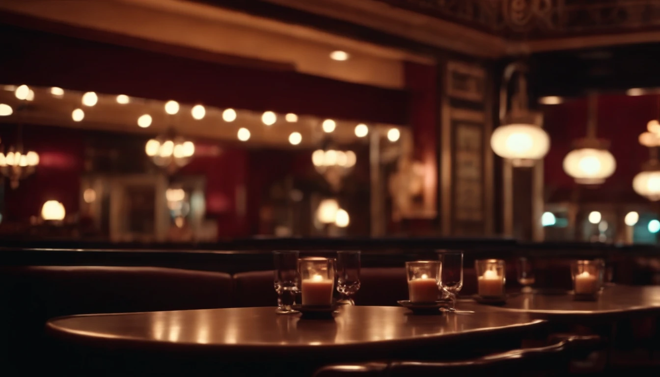 a classic vintage restaurant very elegant jazz style 8k cinematic neon lights in the background